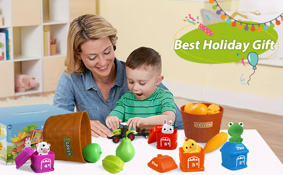 Montessori Toys For 1 2 3 Year Old Kids, 4 In 1 Farm Animals Barn Toys For Toddlers 1-3, Veenggie Sorting Set, Farm Tractor With Trailer, Stacking Toys Gift For Baby Boys Girls
