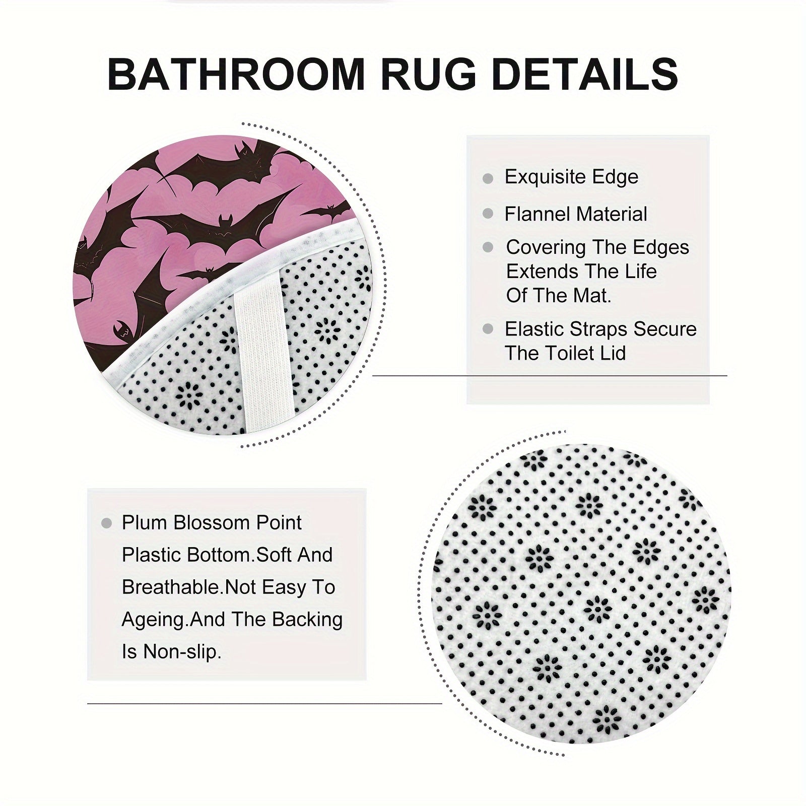 1/4pcs Halloween Bat Spooky Gothic Pink Black Shower Curtain Set with Shower Curtain and Rugs Polyester Waterproof Machine Washable for Halloween Bathroom or Shower Decor with 12 Hooks Non-slip Bath Mat U-shape Toilet Lid Cov