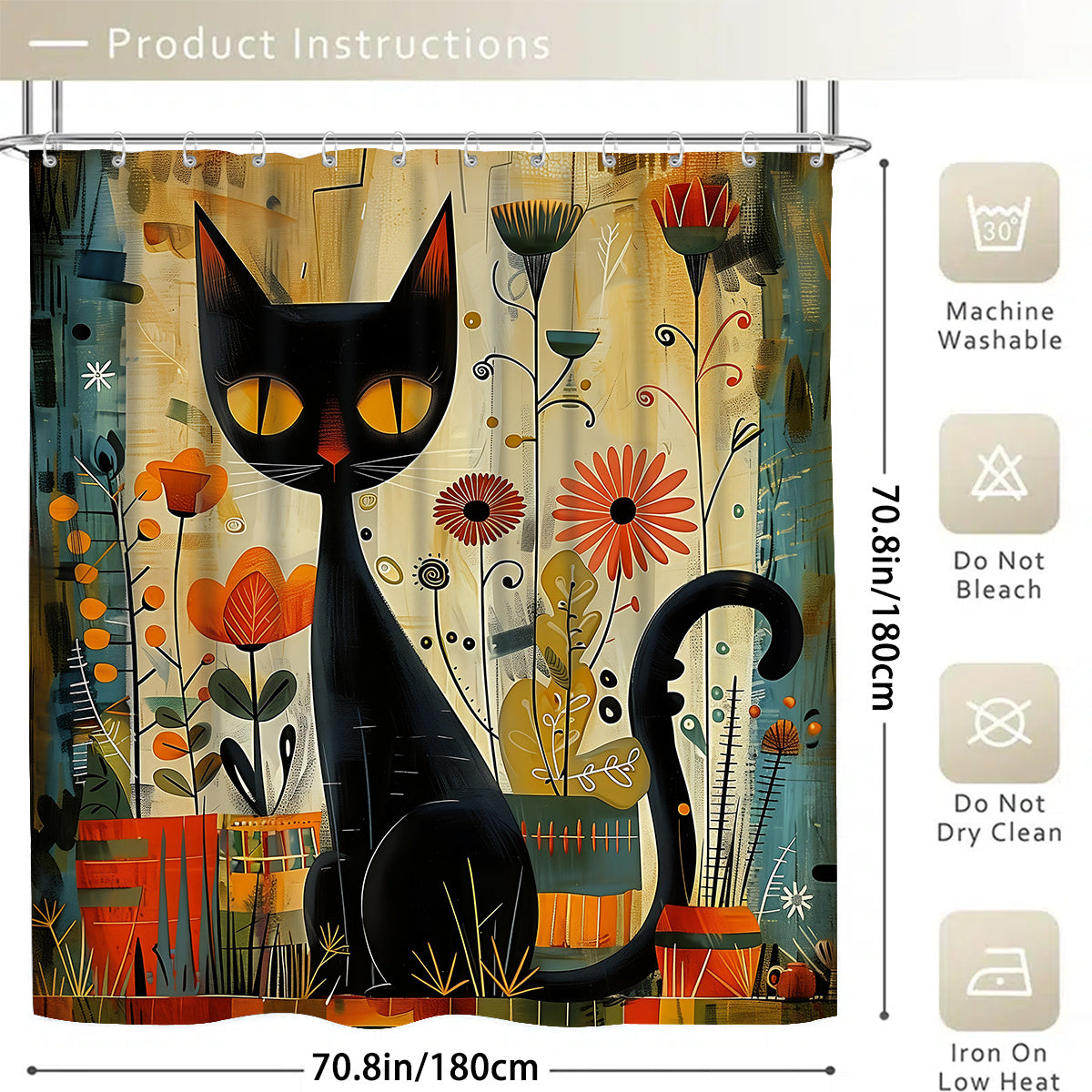 4pcs Black Cat Arts Theme Bathroom Set, Water-Resistant Polyester Shower Curtain with Non-Slip Rugs and Hooks, Woven Knit Fabric, All-Season Decor, Easy Wipe Clean