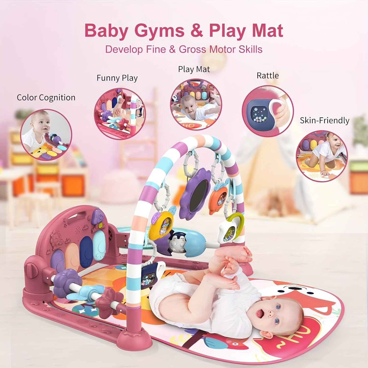 Play Game Mat, Funny Play Piano Tummy Time Activity Mat With 5 Toys & 4 Wrist Baby Rattle Socks, Boy & Girl Gifts