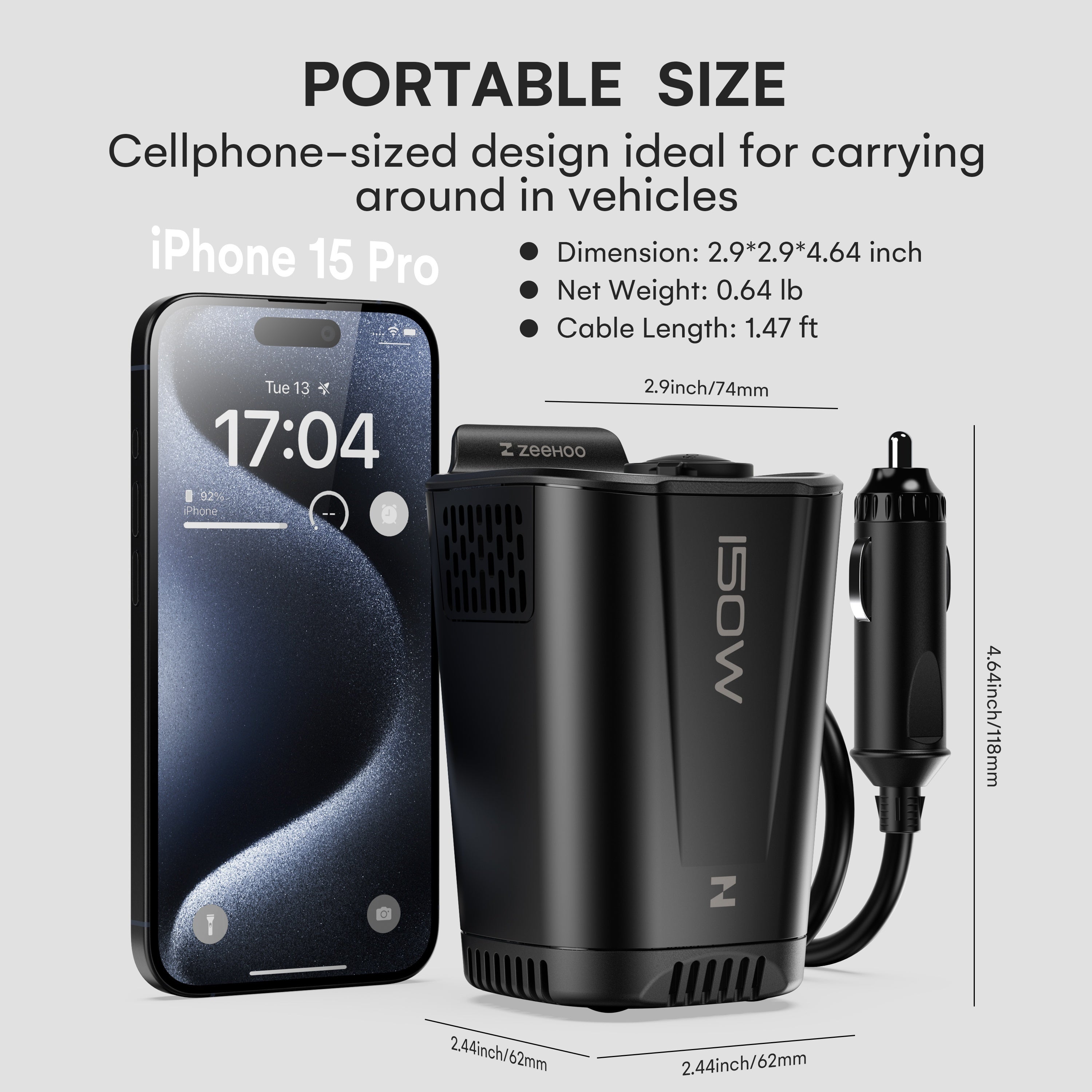 150W Car Power Inverter with 12V DC to 110V AC Car Plug Adapter Outlet Converter, 2 AC Outlets, 18W USB A, Dual 30W PD Car Charger - Heavy-Duty Black Vehicle Automotive