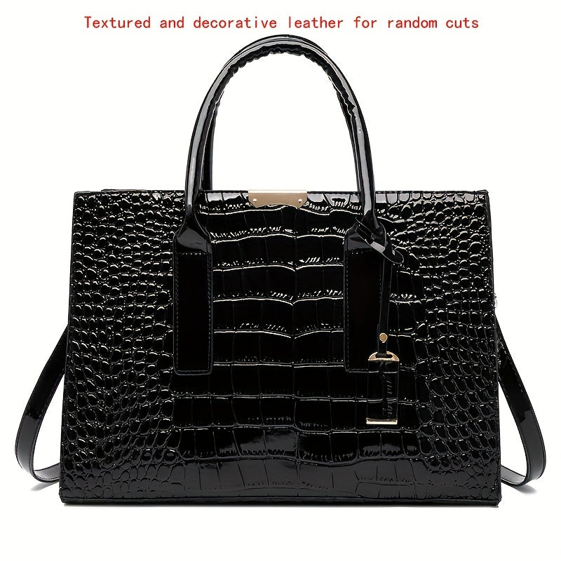 Crocodile Embossed Handbag, Trendy PU Leather Top Handle Purse, Women's Solid Color Shoulder Bag