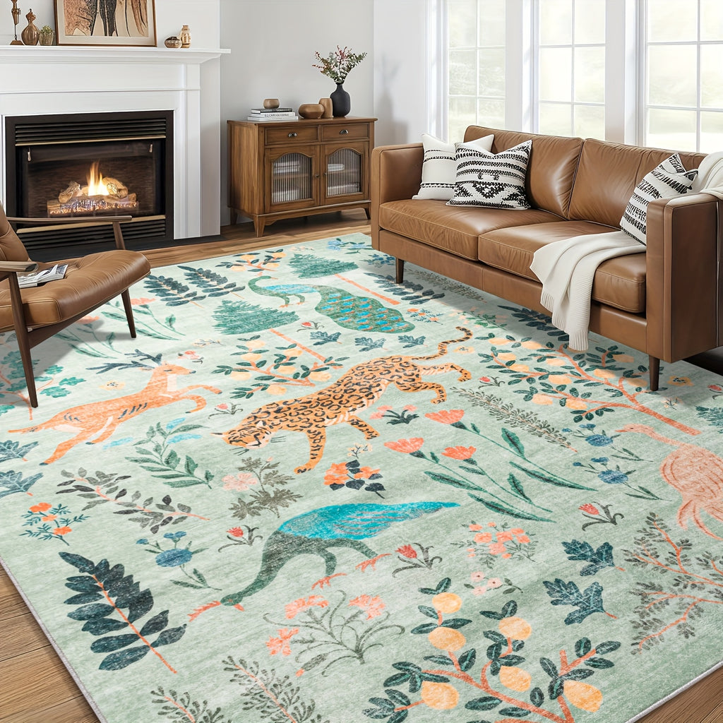 Chakme Jungle Animal Area Mat - 5x7ft Soft, Anti-Slip, Machine Washable Polyester Blend for Living Room, Bedroom, or Daycare - Vibrant Tiger & Jungle Design, Light Green Background, Perfect for Cozy Spaces, Bedroom Mat | Jung