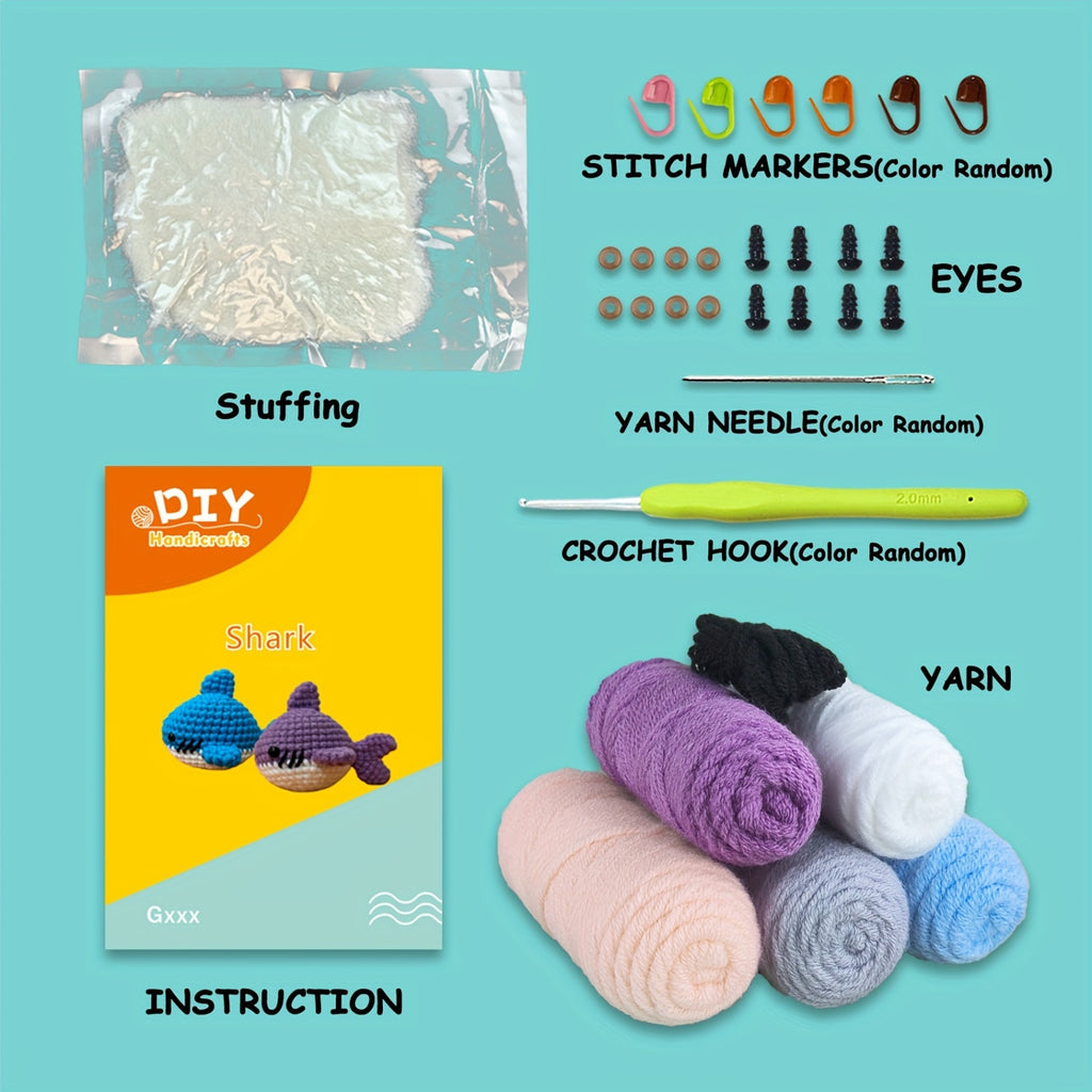 Jeslon 4-Pack DIY Crochet Shark Doll Kit with Yarn, Hooks, Stitch Markers,