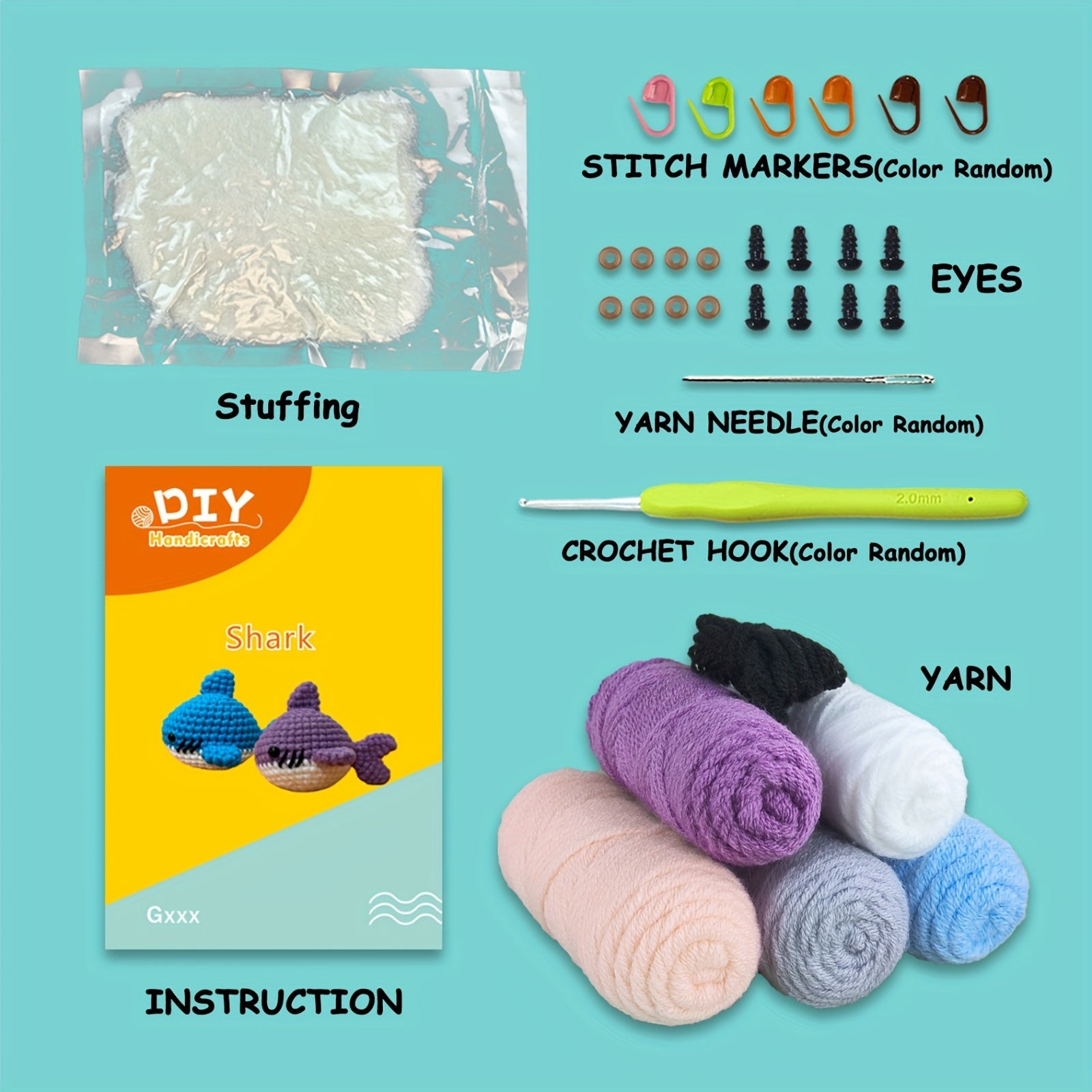 Jeslon 4-Pack DIY Crochet Shark Doll Kit with Yarn, Hooks, Stitch Markers,