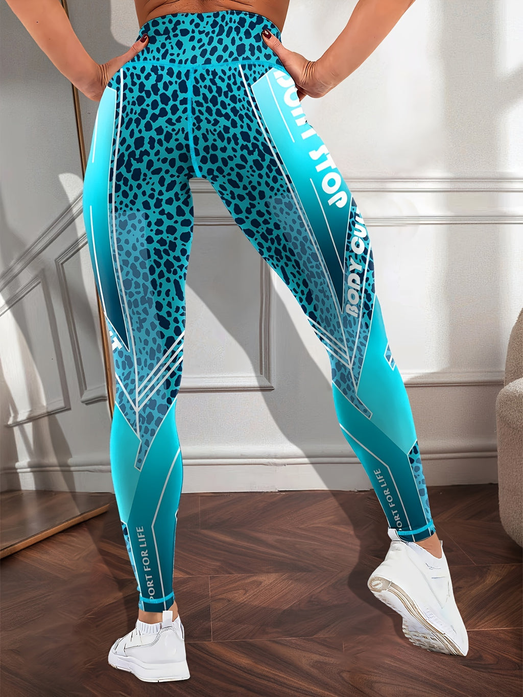 Color Block Tummy Control High Stretch Fitness Pants, Letter Print High Elastic Sports Tight Yoga Leggings, Women's Activewear