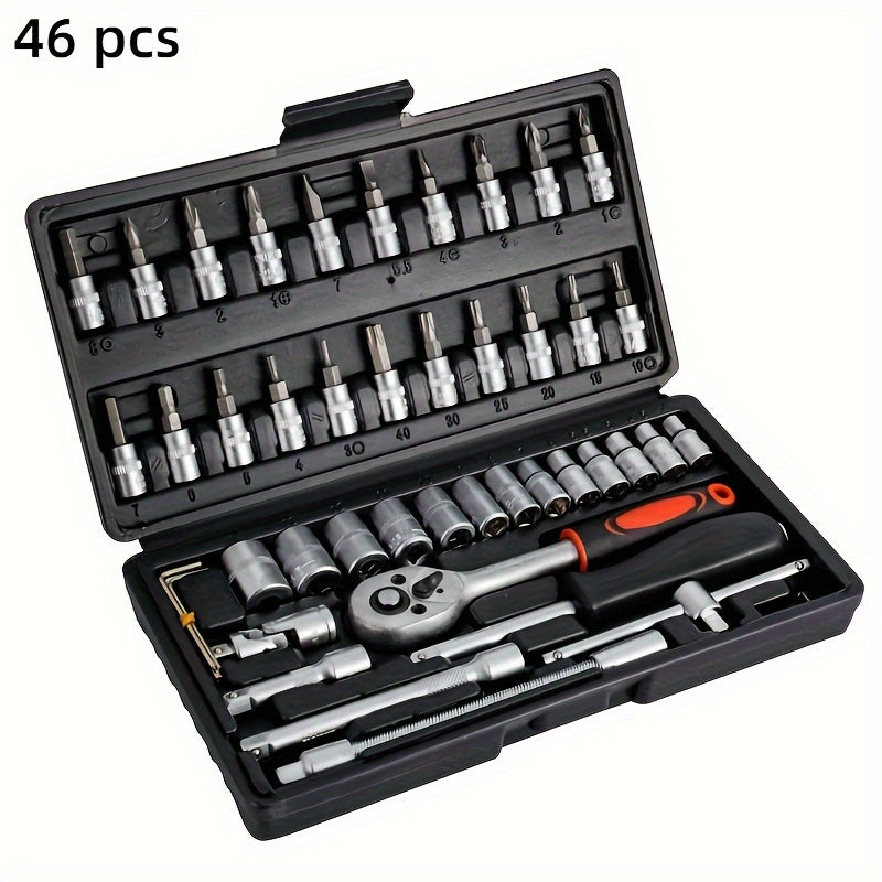 Automotive repair socket wrench kit, ratchet kit, mechanical tool kit, automotive repair and household drill bit socket, metric, 1/ 4 inch drive, 46 pieces