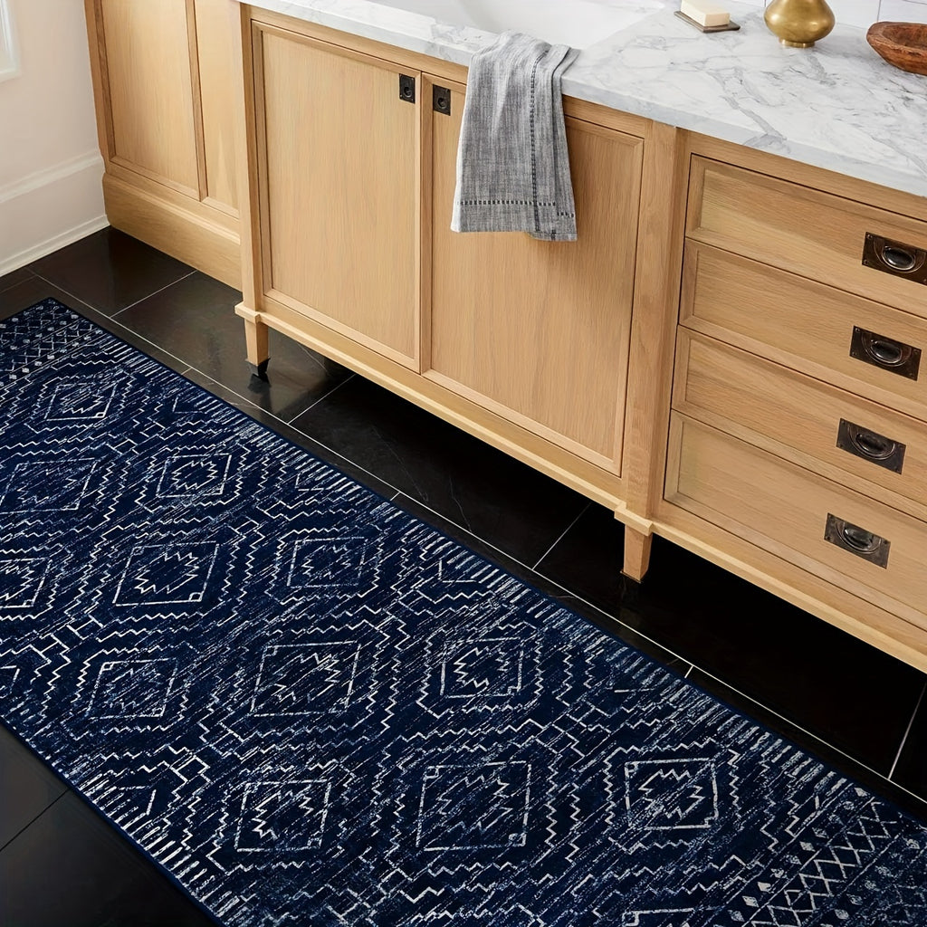 Moroccan Blue Geometric Runner Mat – Soft, Washable, Non-Slip Polyester Mat for Kitchen, Hallway, Bedroom, Bathroom & Closet, 2'6"x8', Rustic Entryway Floor Decor, Kitchen Rugs