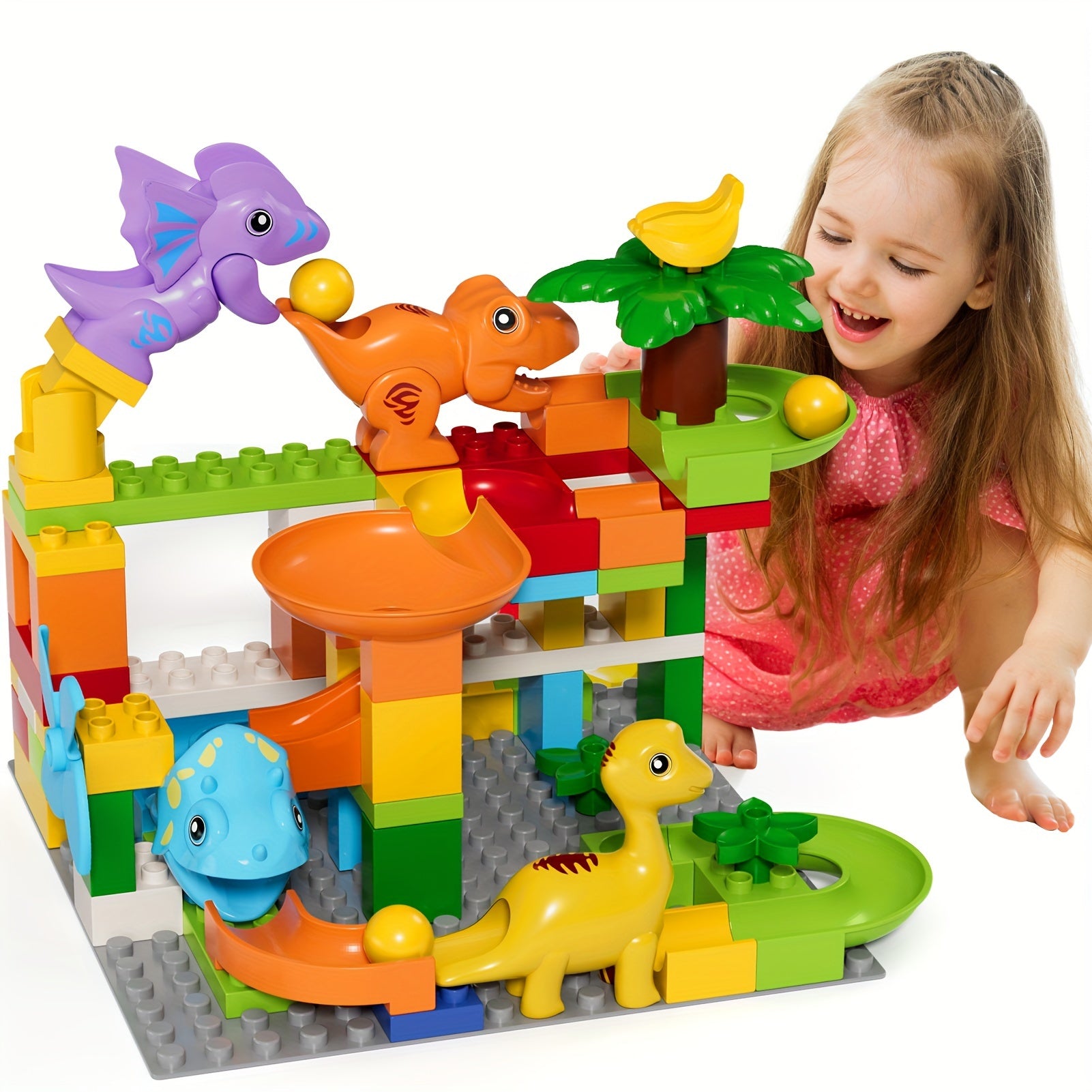 Burgkidz Marble Racetrack Building Blocks Dinosaur Toys: Stem Ball Racetrack For Boys And Girls, With Functional Dinosaur Building Blocks, Marble Maze Game Toy Christmas Halloween Gifts