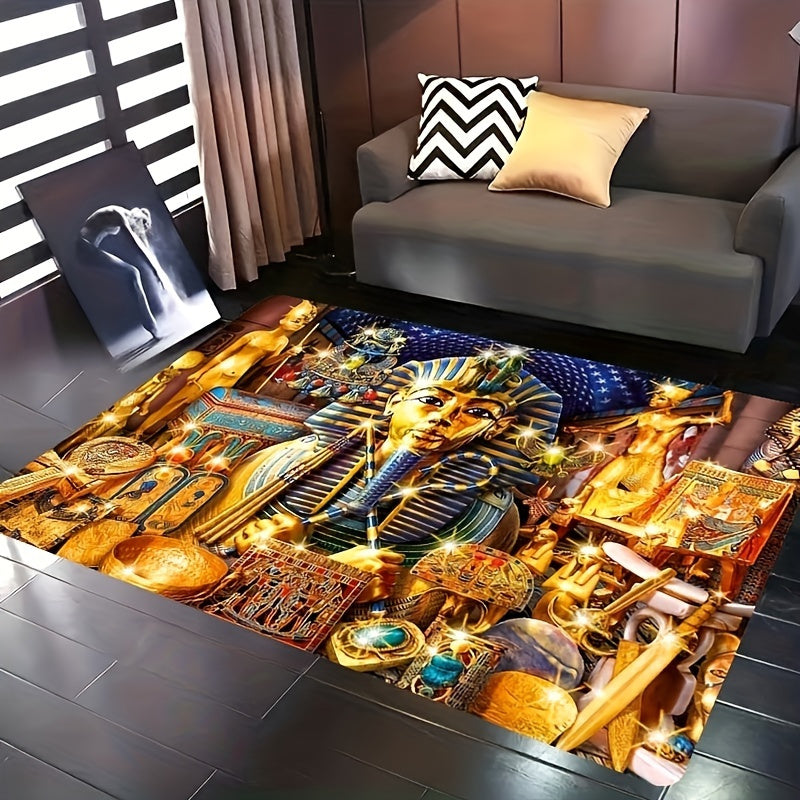 Egyptian Pharaoh Treasure Mat - Soft, Durable, Non-Slip, Machine Washable Polyester Blend Mat with Vibrant Hieroglyphic Design, Perfect for Living Room or Office Decor, Lightweight & Stylish Indoor Space Mat, Rugs for Living