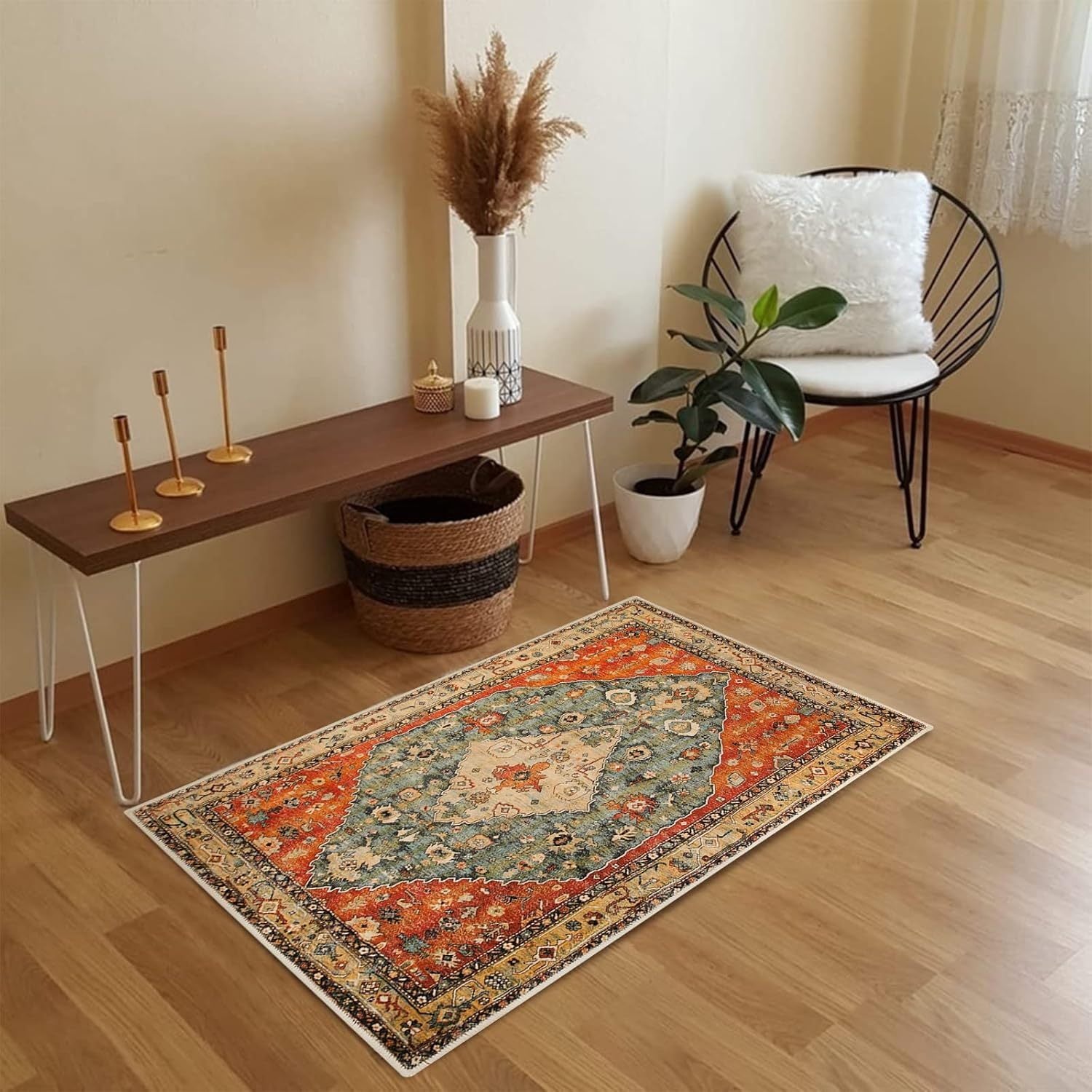 Boho Area Mat, Washable Rugs for Entryway Small Rugs Distressed Throw Mat Non-Slip Floor Mat for Indoor Bedroom Kitchen Living Room