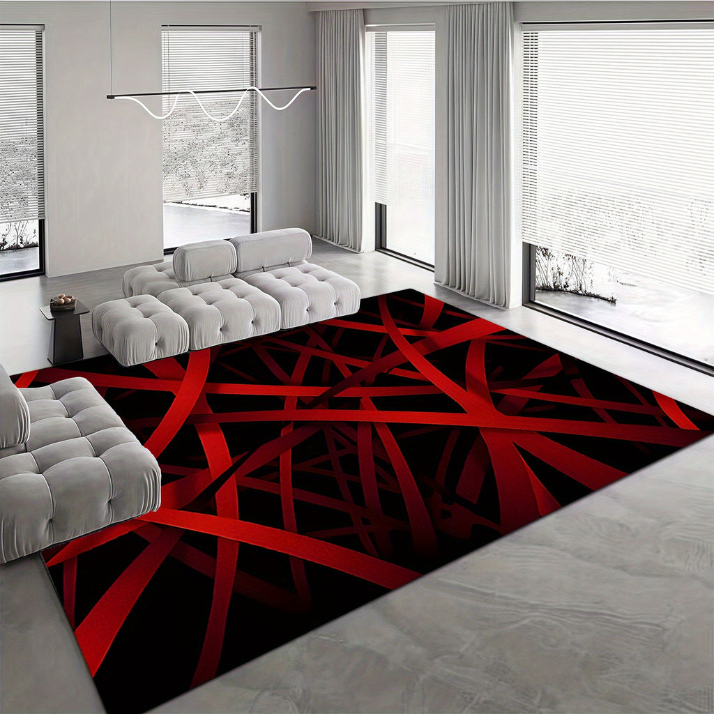 Modern Geometric Velvet Area Mat - Luxurious Red & Black Design, Machine Washable, Non-Slip, Ultra-Soft & Durable for Living Room, Bedroom, Entryway - Stylish Home Decor, Rugs for Living Room