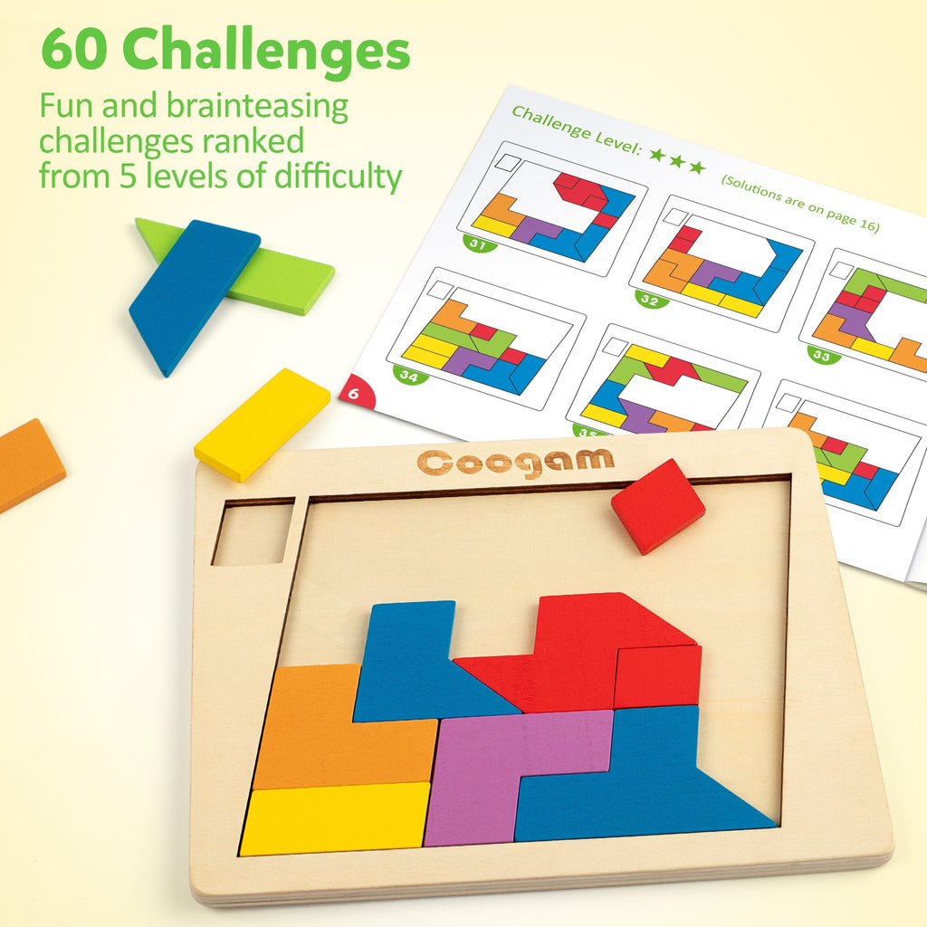 Coogam Wooden Puzzle Blocks Geometric Tangram Brain Teasers Jigsaw 3D Logic IQ Game Colorful Shape Pattern STEM Educational Toys Gift 60 Challenges For All Age