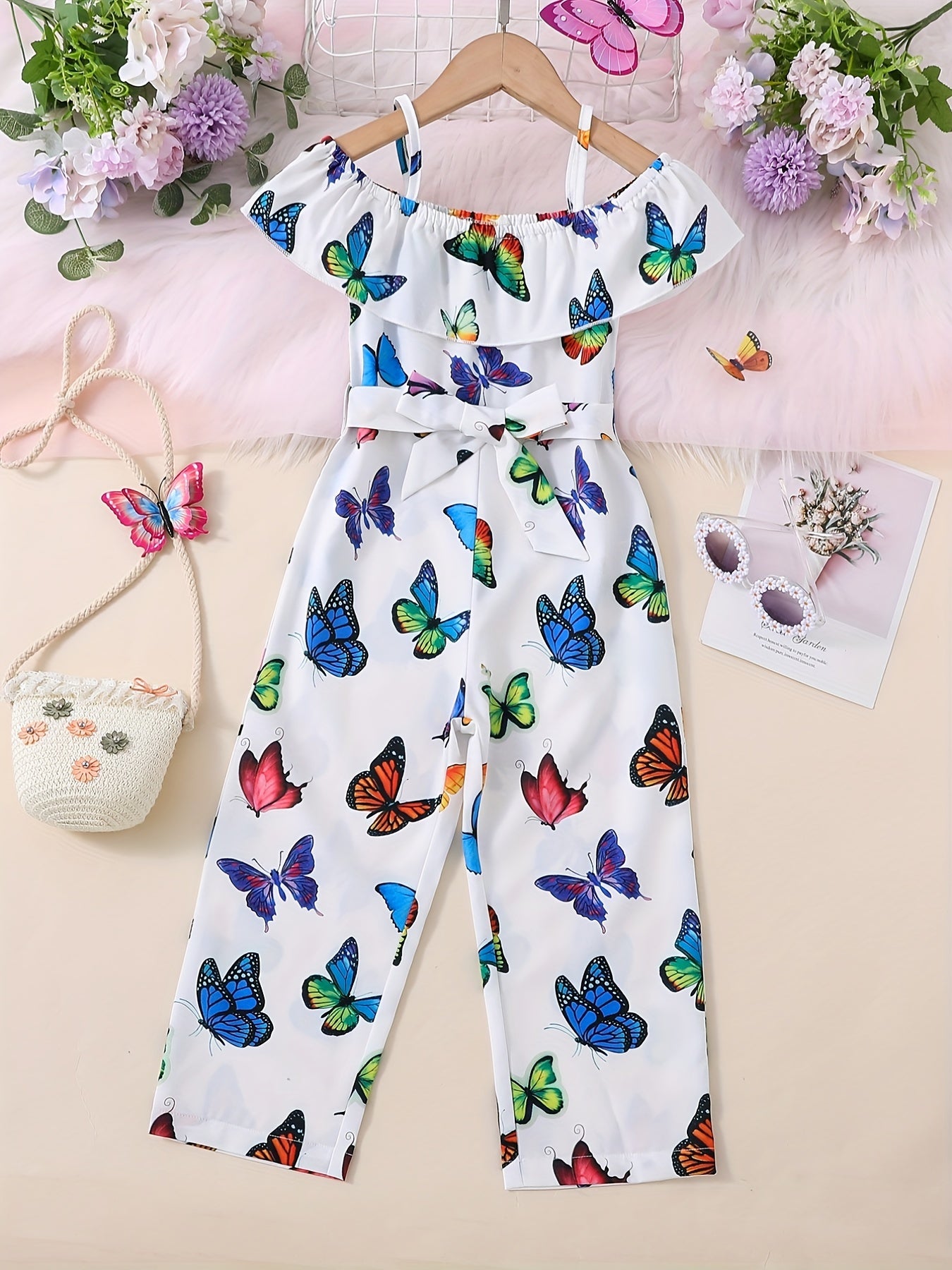 Trendy Girls' Butterfly Romper with Ruffles and Belt - Perfect for Summer!