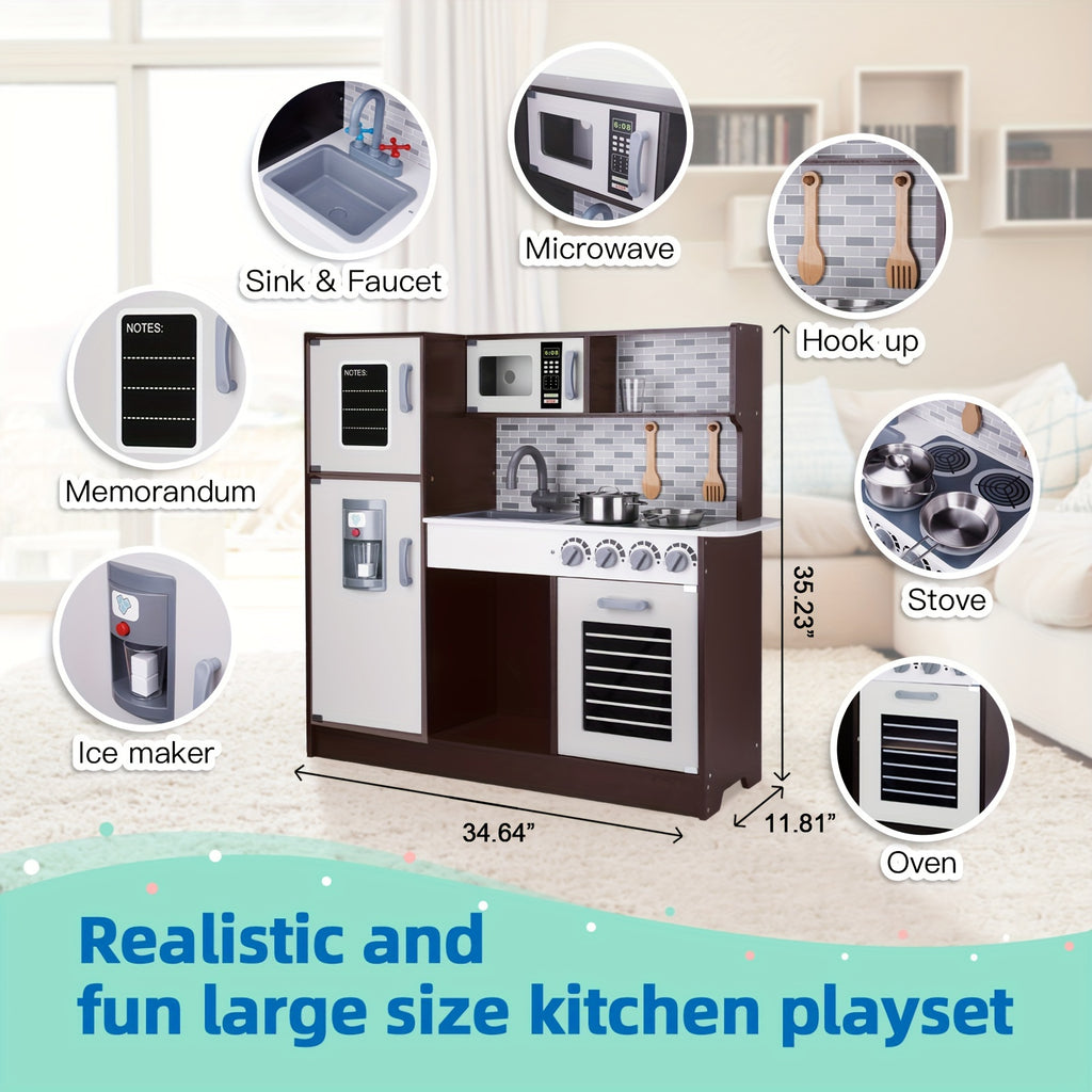 Kids Kitchen Playset, Wooden Chef Play Kitchen For Toddler With Sink, Oven, Range Hood, Stove, Ice Maker And Microwave, Prefect Kitchen Toys For Toddlers As Present