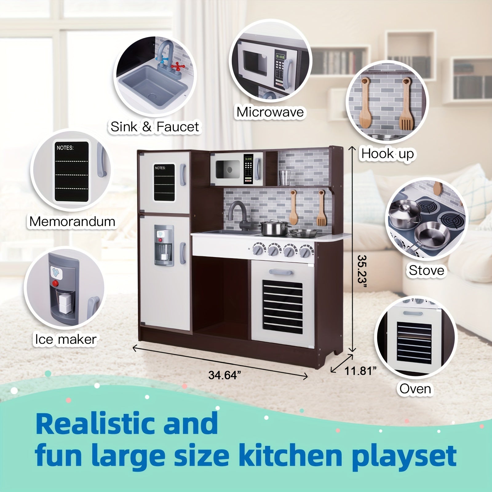 Kids Kitchen Playset, Wooden Chef Play Kitchen For Toddler With Sink, Oven, Range Hood, Stove, Ice Maker And Microwave, Prefect Kitchen Toys For Toddlers As Present