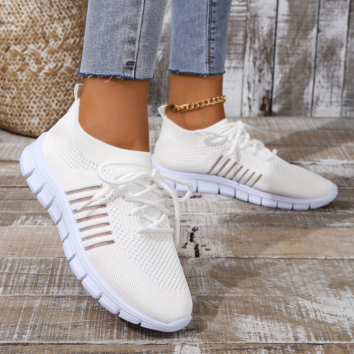 Women's Knitted Sports Shoes, Breathable & Lightweight Low Top Running Sneakers, Casual Outdoor Gym Jogging Trainers Plus Size