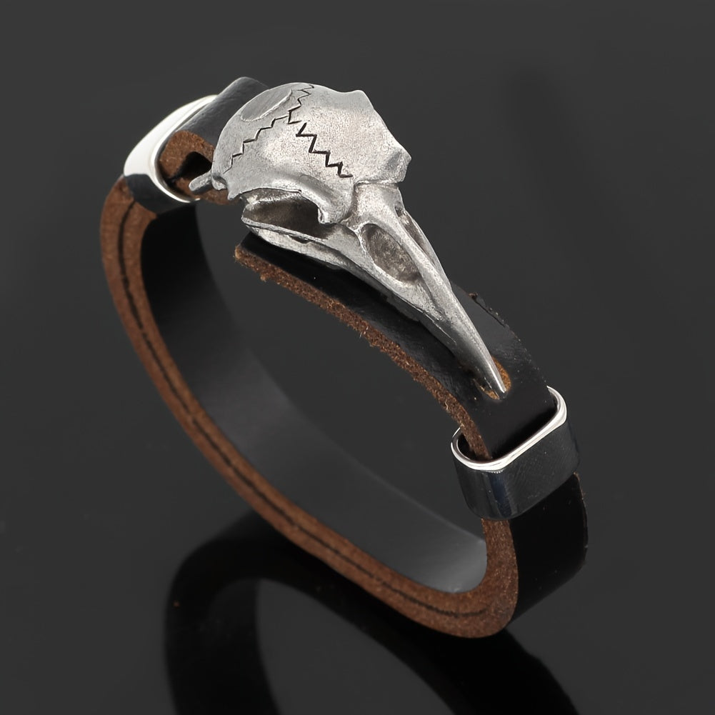 Viking Stainless Steel Crow Skull Bracelet - 304 Stainless Steel Norse Odin Jewelry with Intricate Detailing, Durable Men's Amulet Accessory for Casual & Formal Wear
