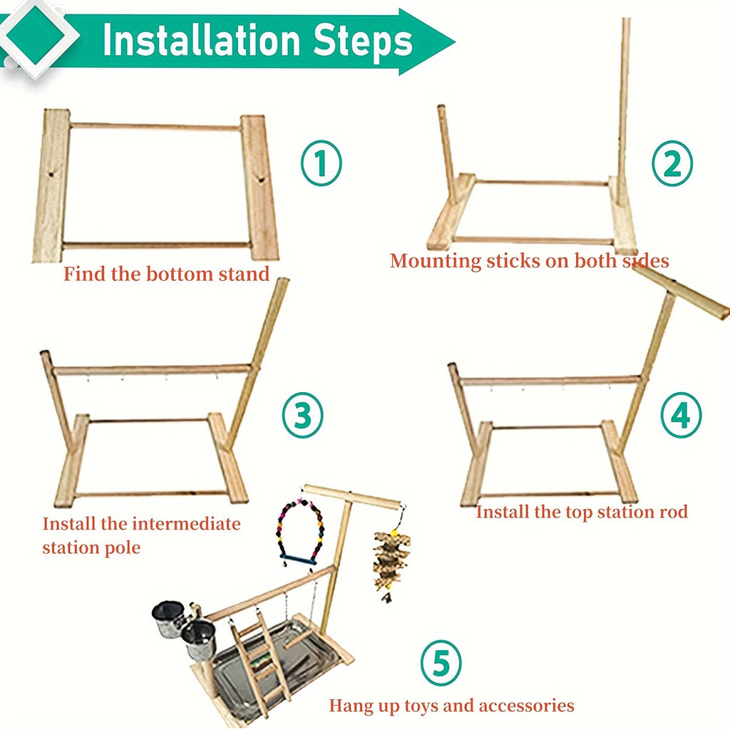 Parrot Play Stand with Swing and Chew Toys - Durable Wood, Ideal for Medium & Small Birds - Interactive Training Station for Lovebirds and Parakeets