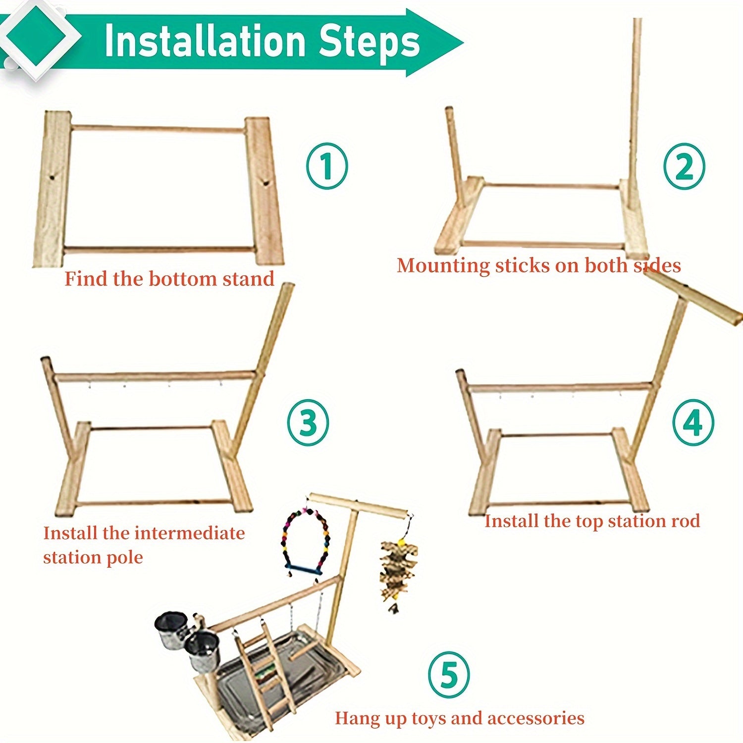 Parrot Play Stand with Swing and Chew Toys - Durable Wood, Ideal for Medium & Small Birds - Interactive Training Station for Lovebirds and Parakeets