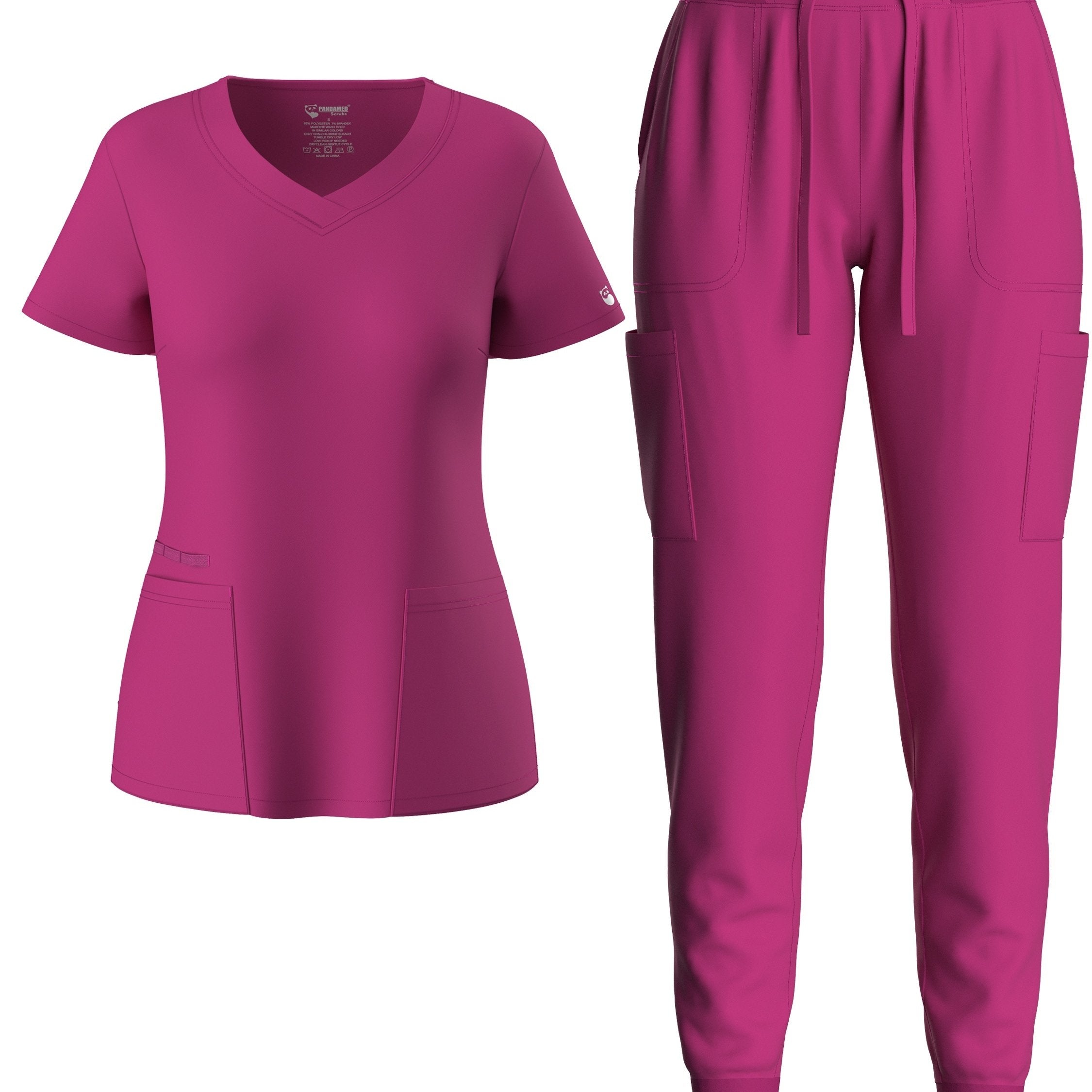 two-piece Elegant Two-Piece Scrub Set for Women: Short Sleeve V Neck Top & Drawstring Pants