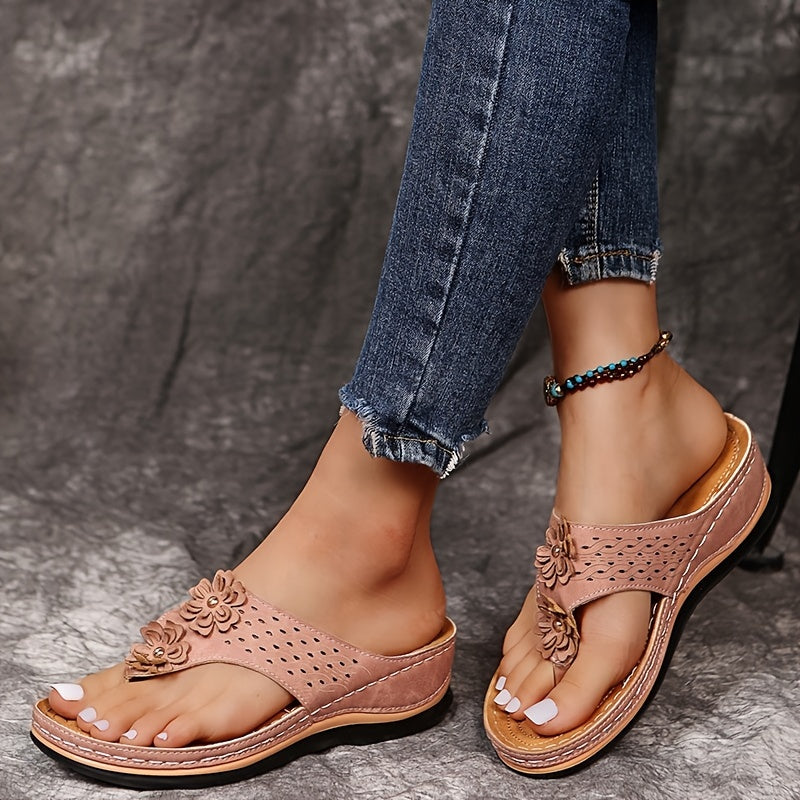Vibrant Women's Floral Flip Flops - Soft, Breathable, Non-Slip Open-Toe Thong Slides with Solid Color Design, Retro Casual Style, Perfect for Outdoor Activities, Beach, Pool, and Summer Vacation