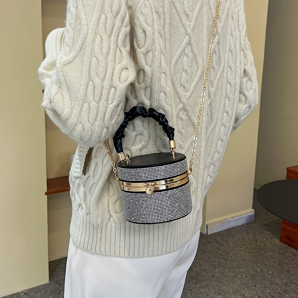Mini Allover Rhinestone Handbag, Ruched Detail Evening Bucket Bag,