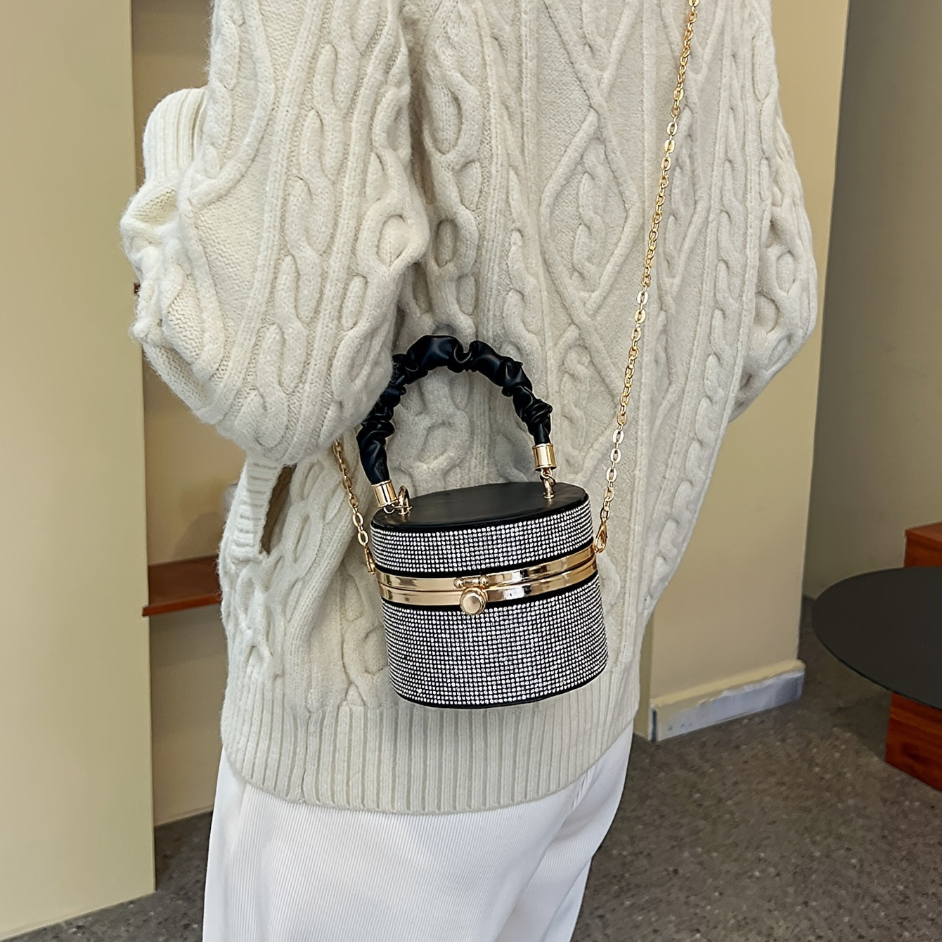 Mini Allover Rhinestone Handbag, Ruched Detail Evening Bucket Bag,