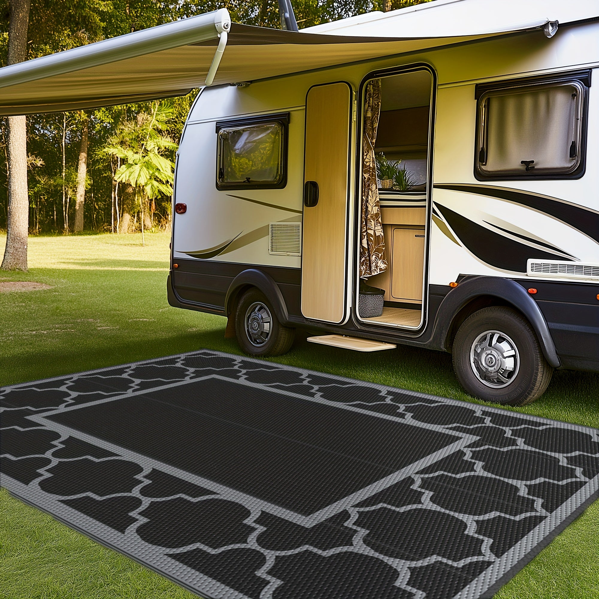 Outdoor Rug Patio Waterproof, Reversible Plastic Straw Area Rugs Mat For Camper Decor, Outside Carpet For Camping, Rv, Deck, Porch, Picnic, Beach, Balcony, Black & Grey