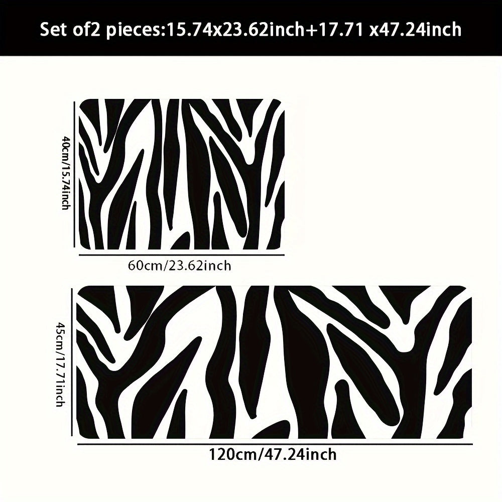 Anti-Fatigue 2pc/3pcs Zebra Print Kitchen Rugs Set - Non-Slip Flannel Carpet, Easy Clean, Stain-Resistant, Machine Washable, Polyester - for Sink, Bedroom, Living Room, Dining Area, Home Decor