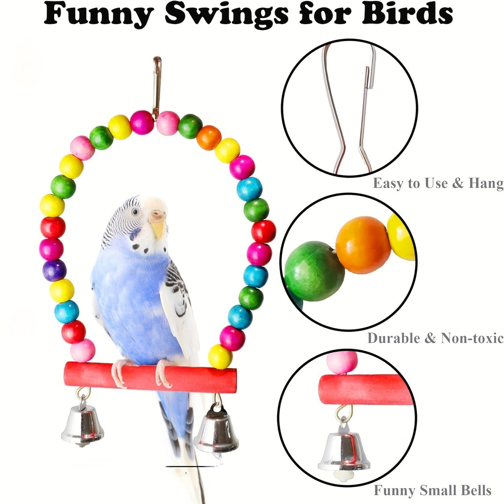 Colorful Wooden Bird Swing Toy with Mirror and Hanging Bridge -