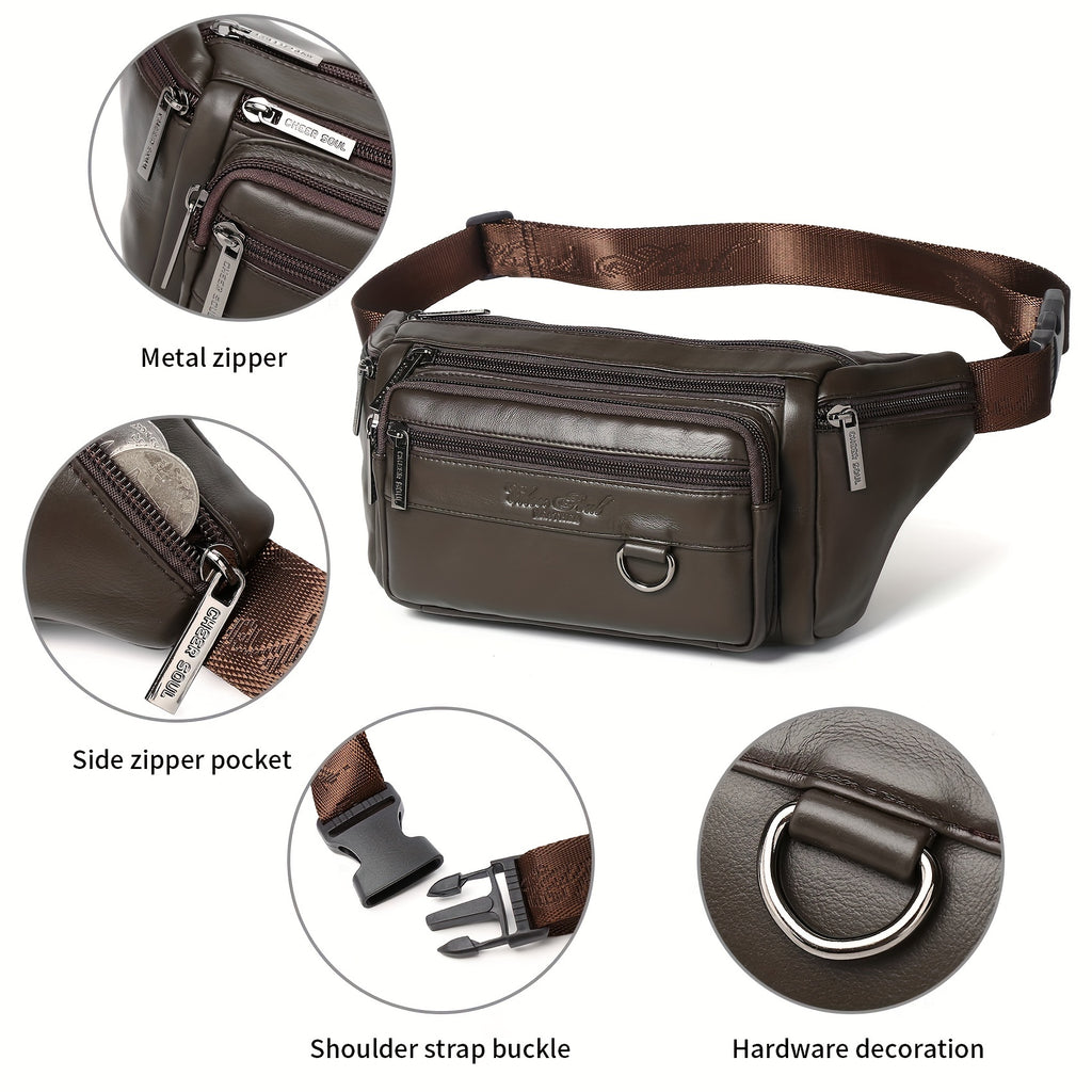 Genuine Leather Men's Waist Bag/Women's Multifunctional Hip Bag/Stylish Multi-Pocket Travel Sports Backpack for Hiking, Cycling, Fishing, And Running