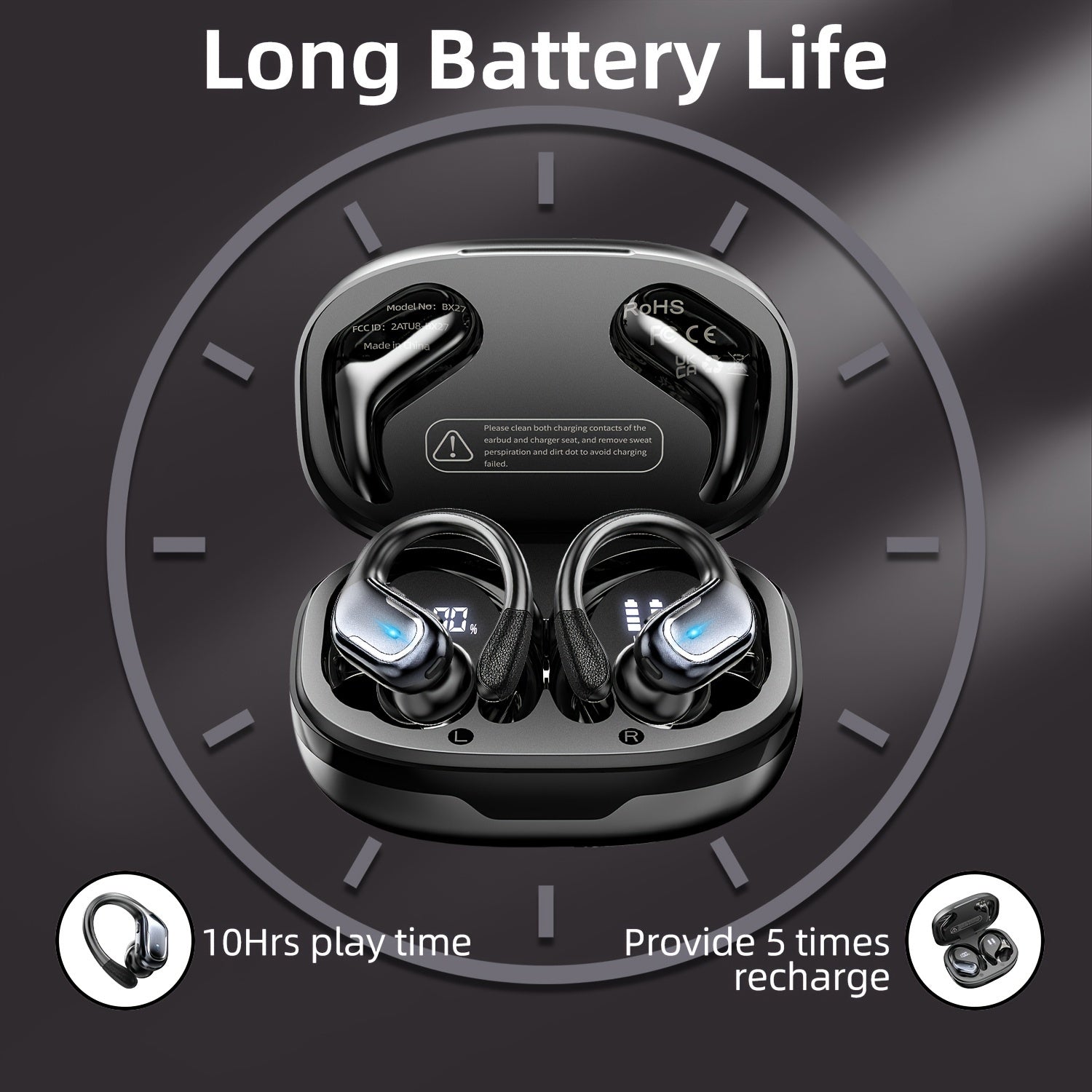 LIFEBEE New Wireless Earbuds for Running Sports, Wireless Earphones with Earhooks Pure Bass Sound, Over Ear Headphones ENC Noise Cancelling with Dual-LED Display, Earphones Built-in Microphone