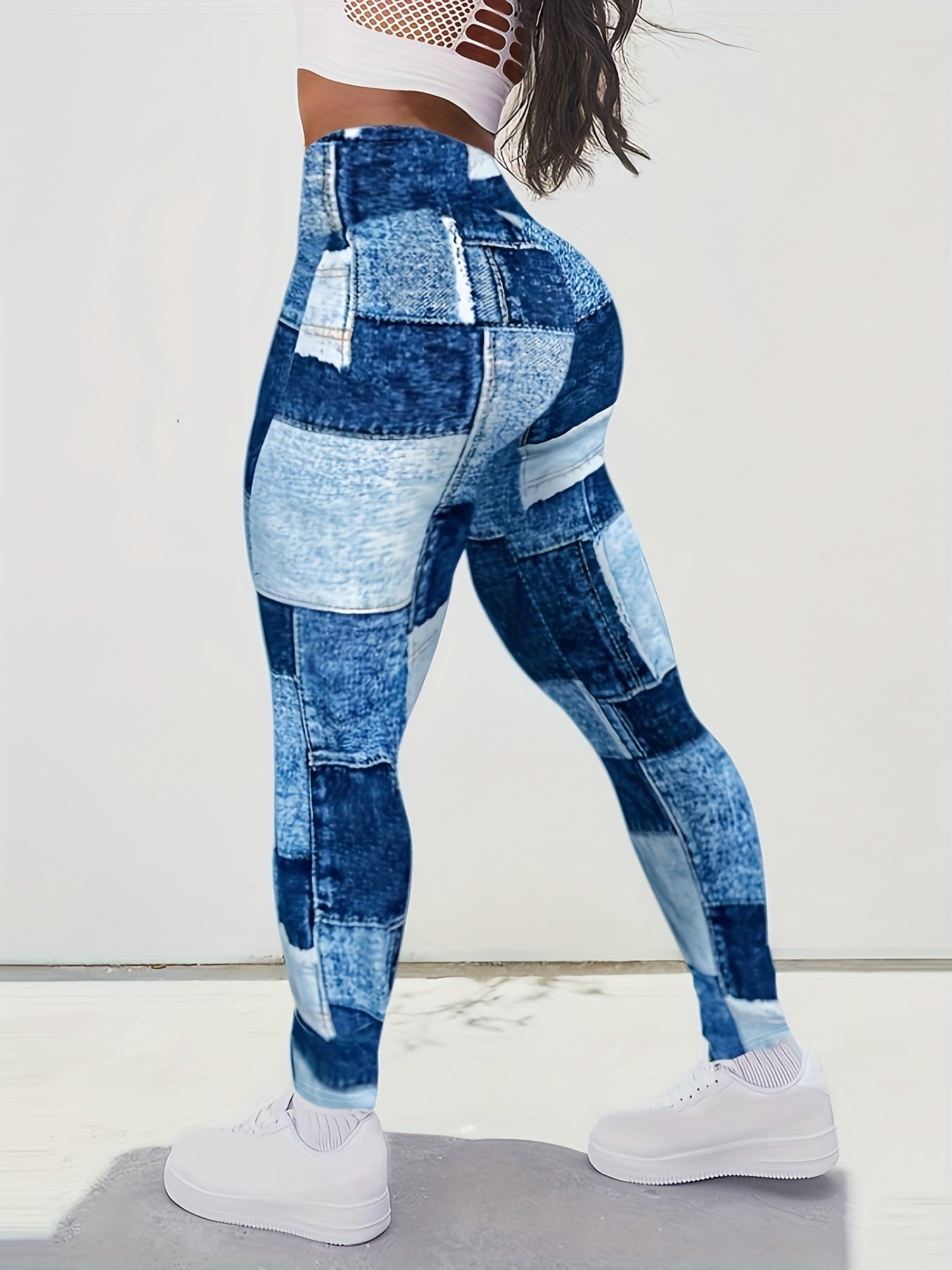 Yoga Fitness Leggings, Plaid Panel Denim Print High Waist Sports Pants, Women's Activewear