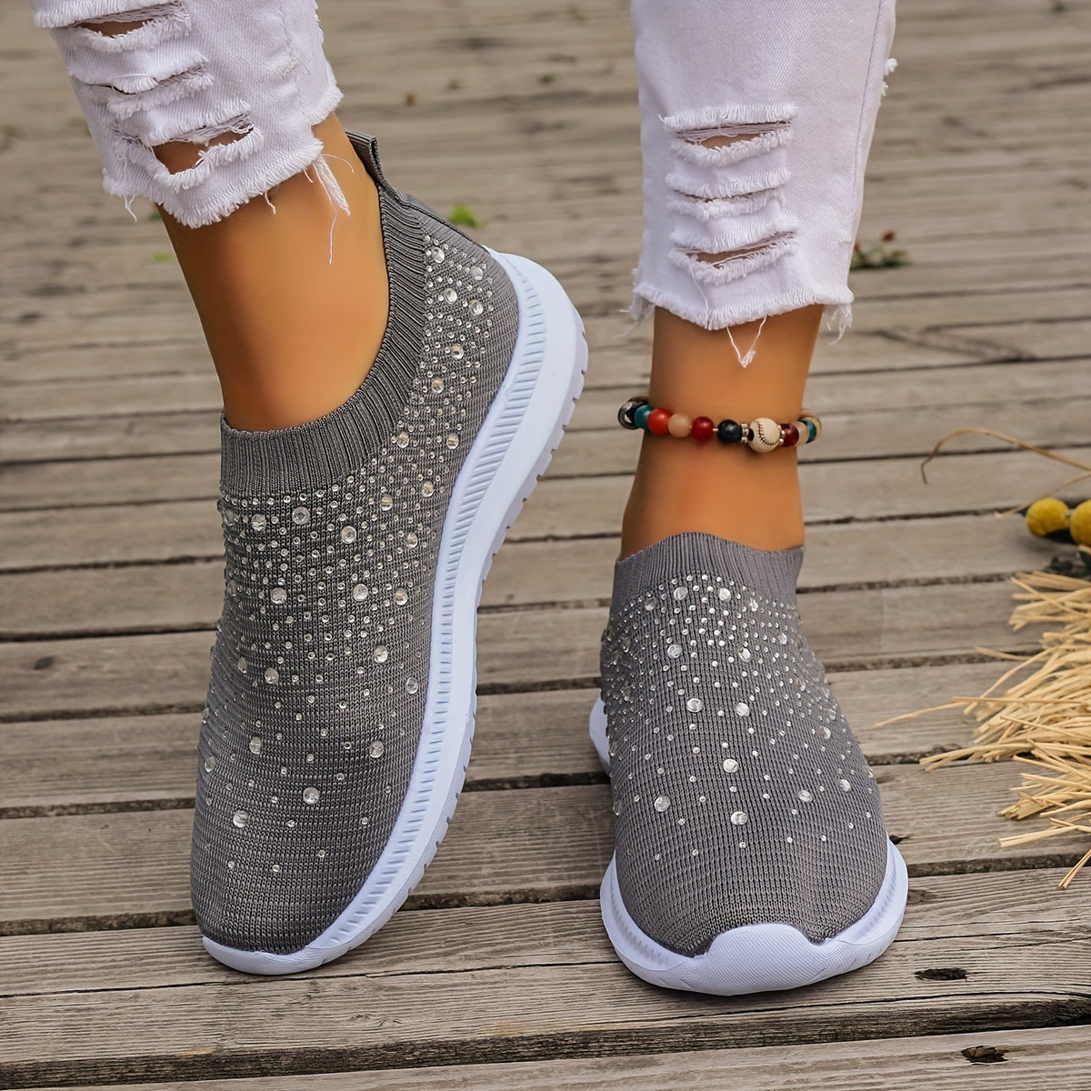 Women's Rhinestone Decor Slip-on Sneakers, Fly Woven Sports Shoes, Breathable Low Top Walking Shoes For Music Festival