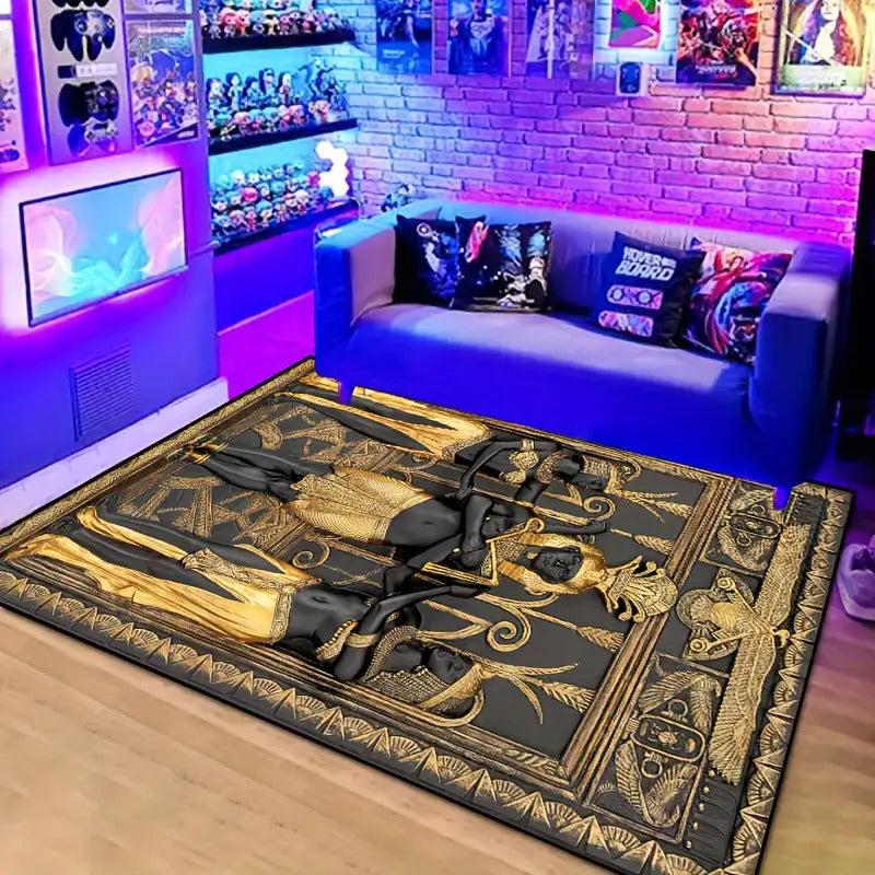 Egyptian Three Golden Men Carpet - Machine Washable Luxury Mat with Golden & Design, Rectangular Floor Mat for Living Room, Bedroom, Office, Outdoor - Durable Polyester Home Decor Mat, Rugs For Living Room, Bedroom Accent, El