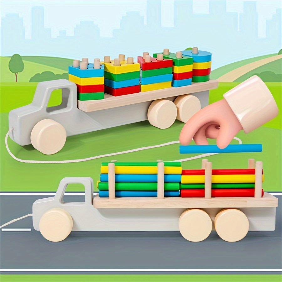 Children's wooden toys for early education, children's shape matching puzzle car, wooden trailer toy, baby shape recognition toy car, holiday gift