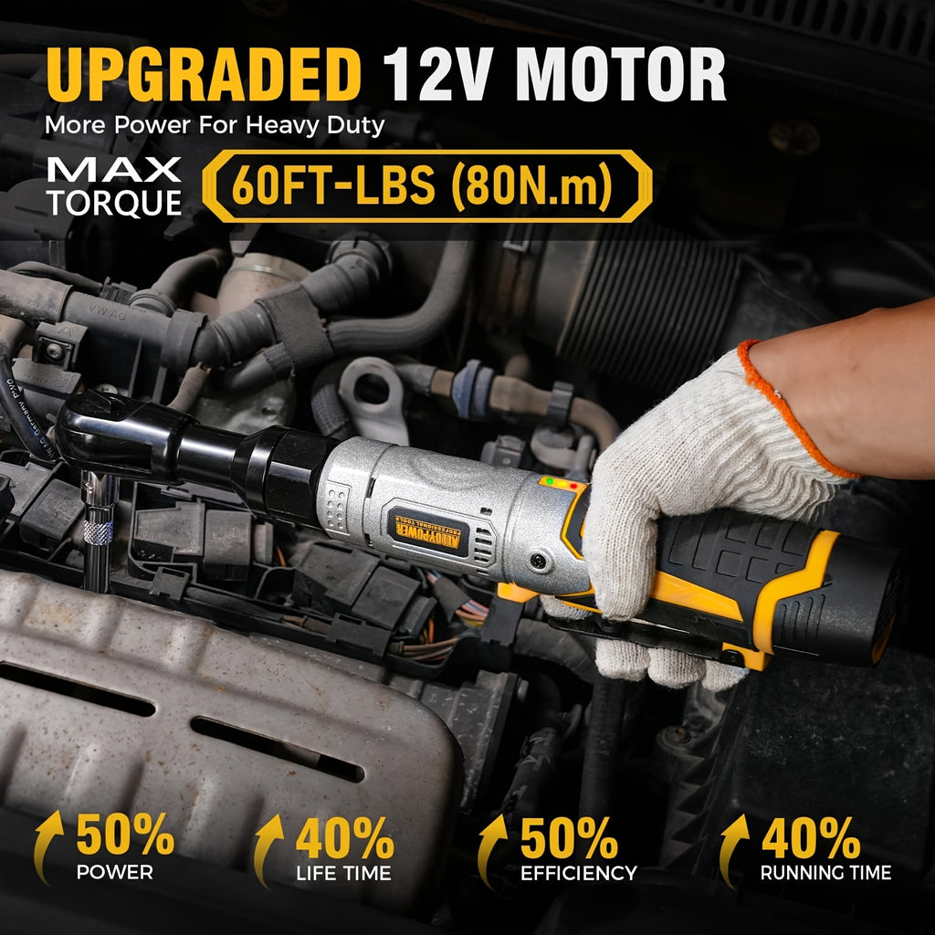 60 Ft-lbs High-Power Cordless Ratchet Wrench Set, 3/8" Drive, 12V, Variable Speed, Includes 2 Rechargeable Batteries,