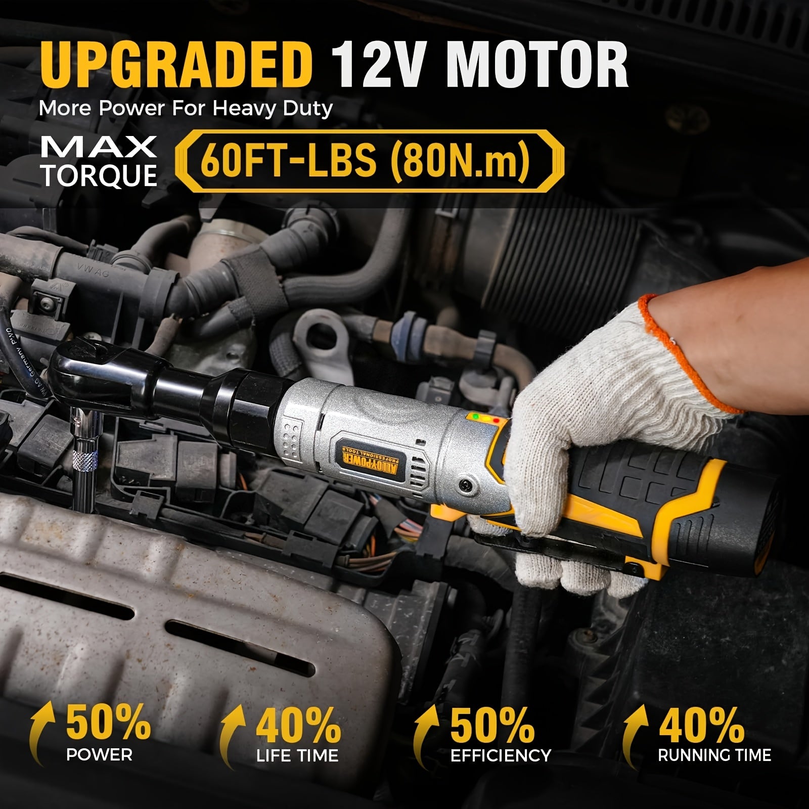 60 Ft-lbs High-Power Cordless Ratchet Wrench Set, 3/8" Drive, 12V, Variable Speed, Includes 2 Rechargeable Batteries,