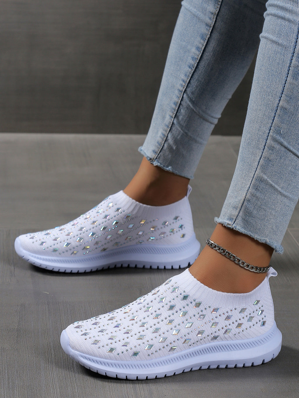 Women's Slip On Sock Shoes, Rhinestone Decor Knitting Low Top Sports Shoes, Breathable Walking Sneakers
