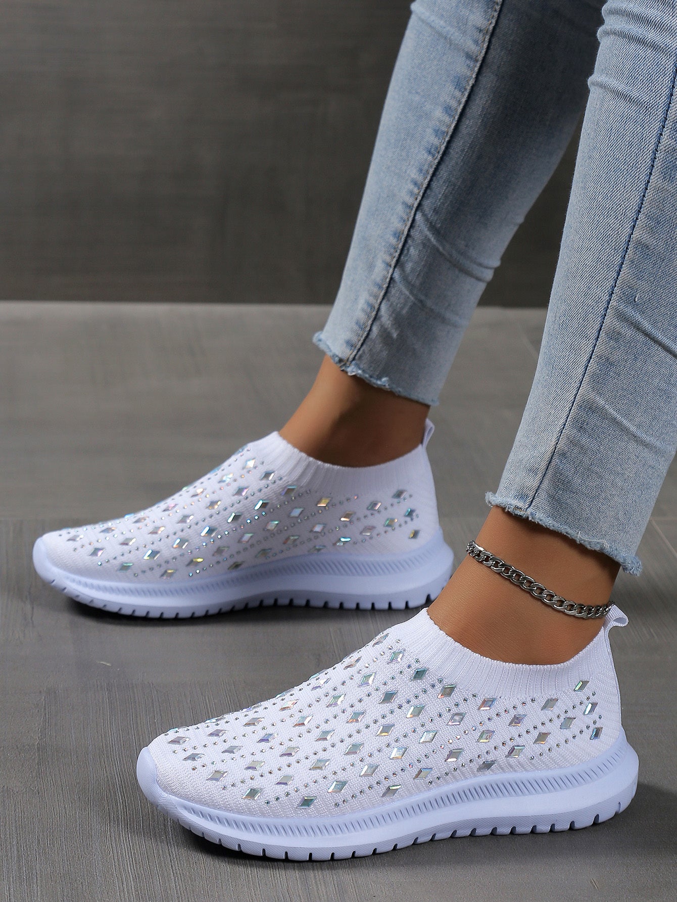 Women's Slip On Sock Shoes, Rhinestone Decor Knitting Low Top Sports Shoes, Breathable Walking Sneakers