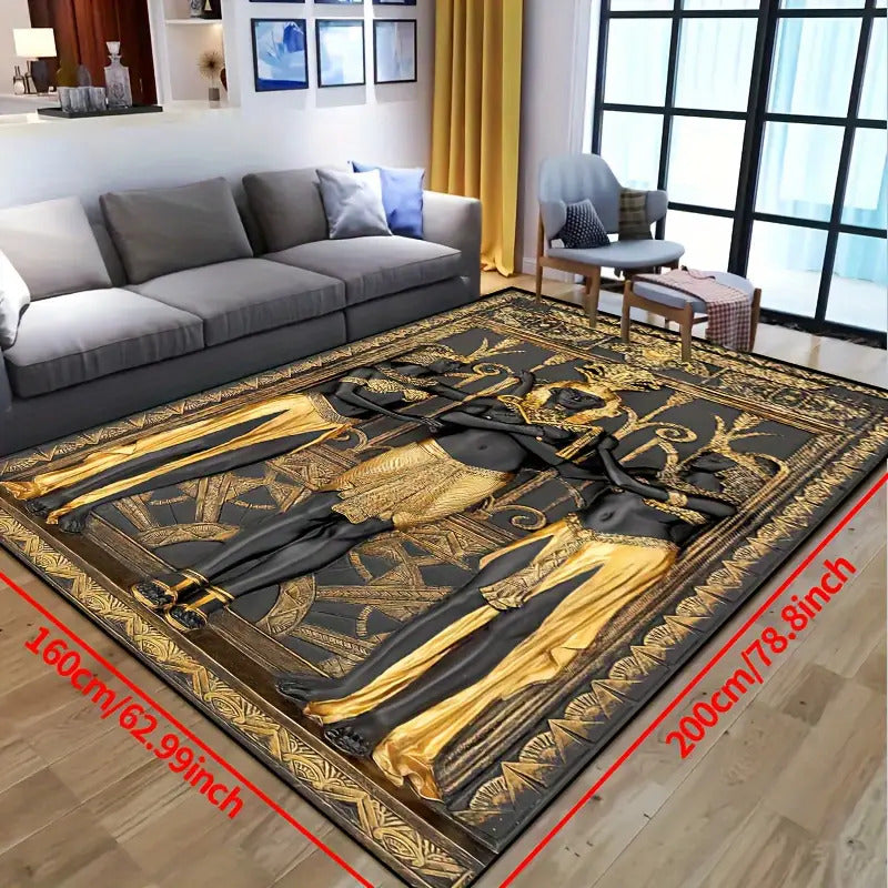 Egyptian Three Golden Men Carpet - Machine Washable Luxury Mat with Golden & Design, Rectangular Floor Mat for Living Room, Bedroom, Office, Outdoor - Durable Polyester Home Decor Mat, Rugs For Living Room, Bedroom Accent, El