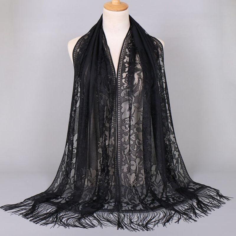 Ladies Women's Floral Lace Scarf Shawl With Tassels, Soft Mesh Fringe Wraps Bridal Shawl For Wedding Evening Party Dresses