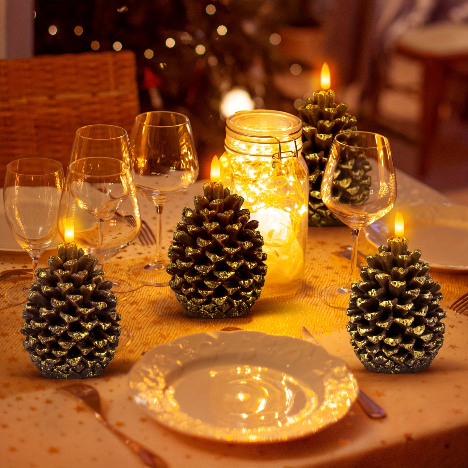 Pine Cone Flickering Flameless Candles, Battery Operated Real Wax LED Candles With 6H Timer For Christmas Home Party Decoration Set Of 2, Brown (D3.5 X H5.5 Inch)