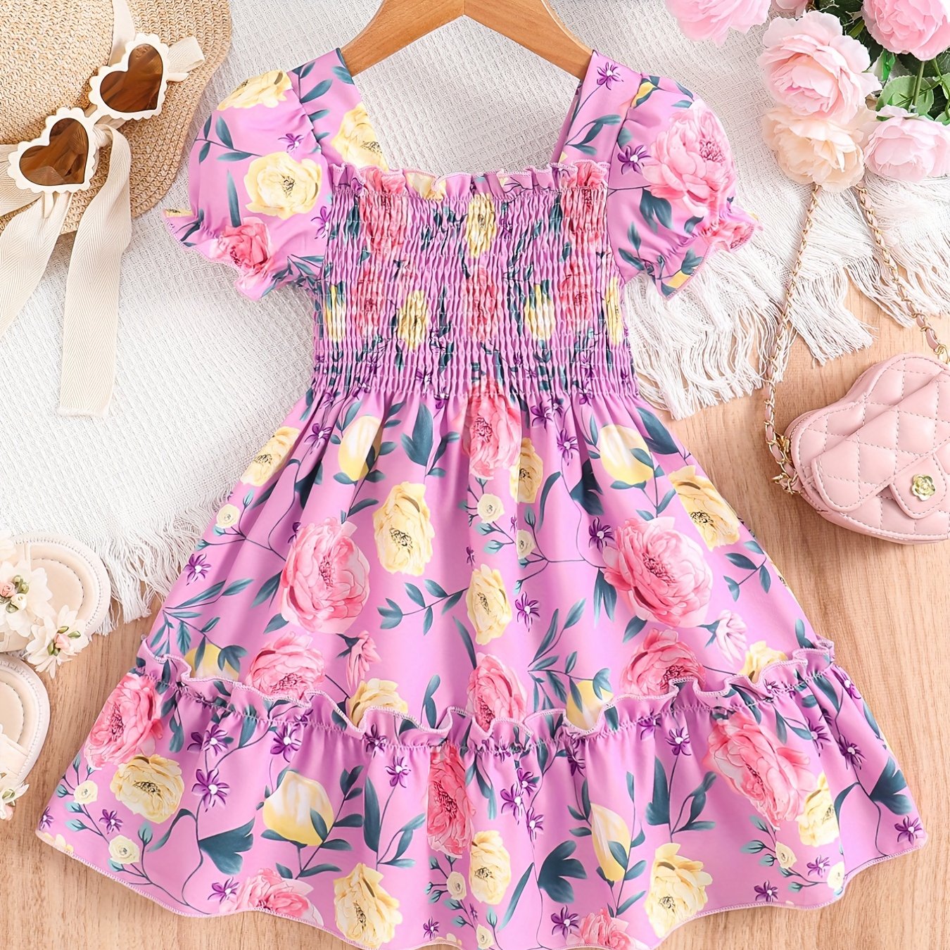 Girls Puff Sleeve Floral Shirred Ruffled Hem Party Dress Kids Summer Clothes