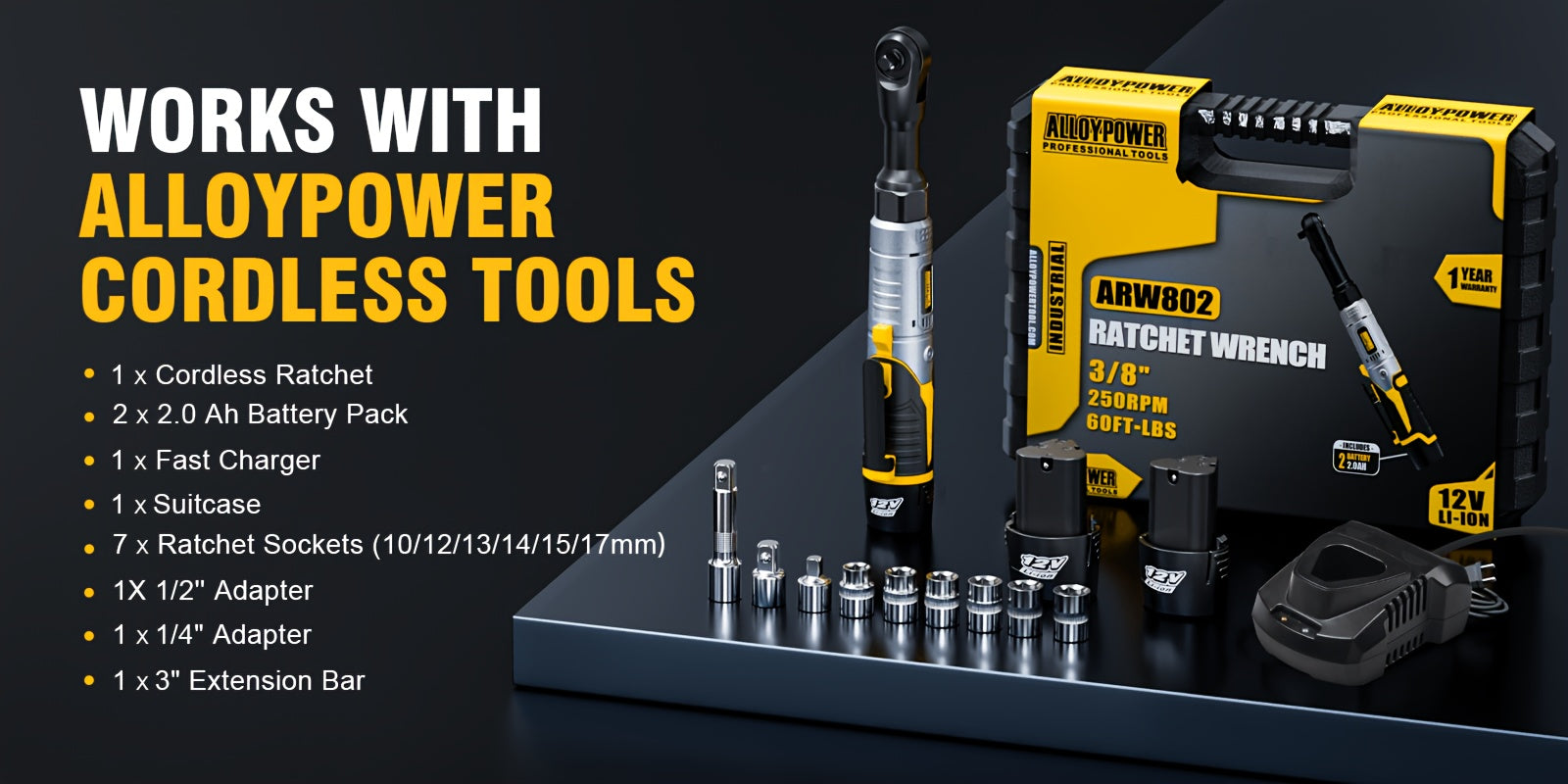 60 Ft-lbs High-Power Cordless Ratchet Wrench Set, 3/8" Drive, 12V, Variable Speed, Includes 2 Rechargeable Batteries,