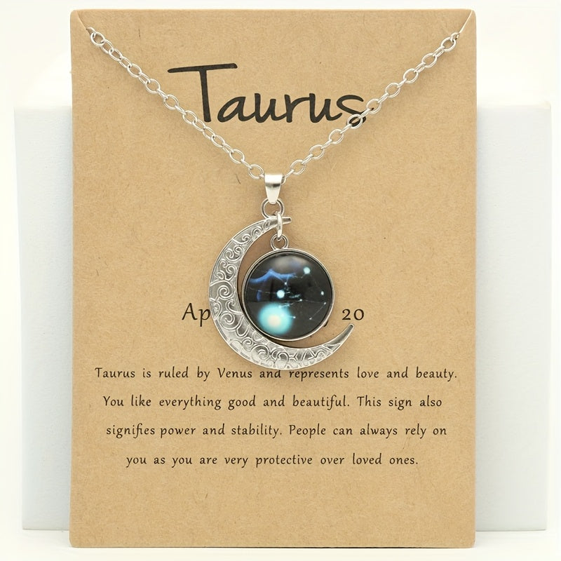 Glow-in-the-Dark Zodiac Necklace with Vintage Moon Pendant - Stylish Aquarius/Sagittarius/Leo/Leprechaun/Night & Sun Signs, Colorful Glass Charms, Zinc Alloy, Perfect Gift for Men
