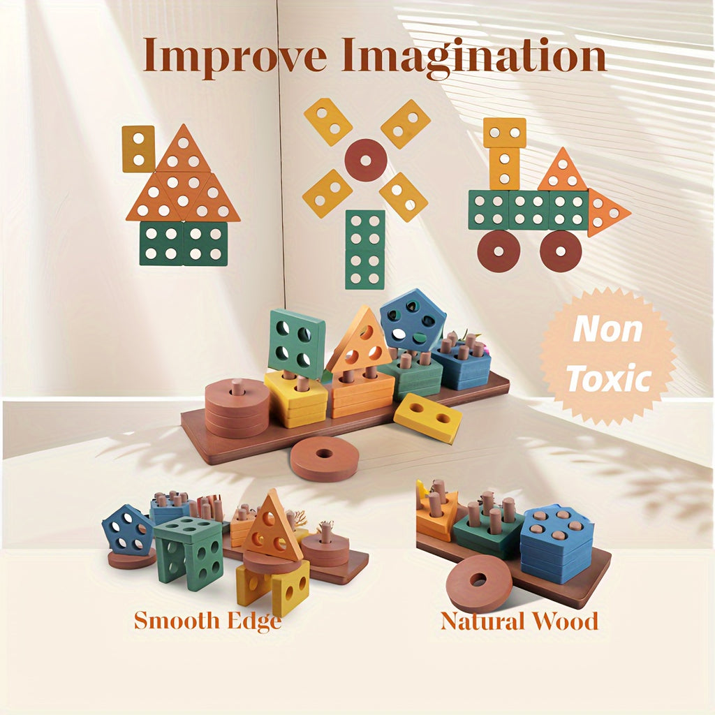 6-in-1 motor skills toys, sensory teething ring toys, baby wooden sorting and stacking toys, gifts for girls and boys 6, 9, 12 months 1, 12, and 3 years old children learning toys