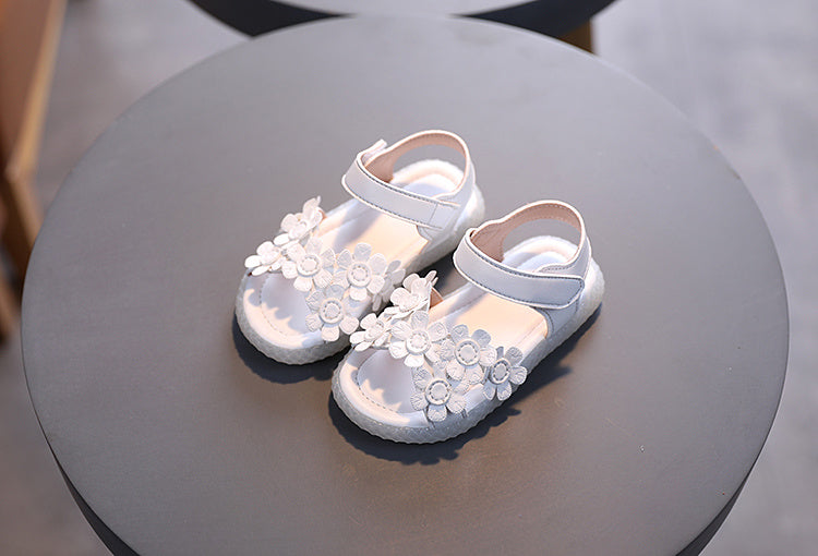 Baby Girls Cute Casual Sandals With Flower Decoration, Non-slip Soft Sole Slip-on Hook And Loop Fastener Shoes For Summer