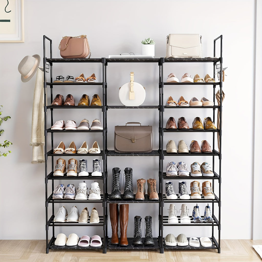 1 pc 9-tier shoe rack organizer (51" L x 10.6" W x 61.2" H), black, 50-55 pairs, stackable metal rack with entry hook, bedroom closet shoe rack